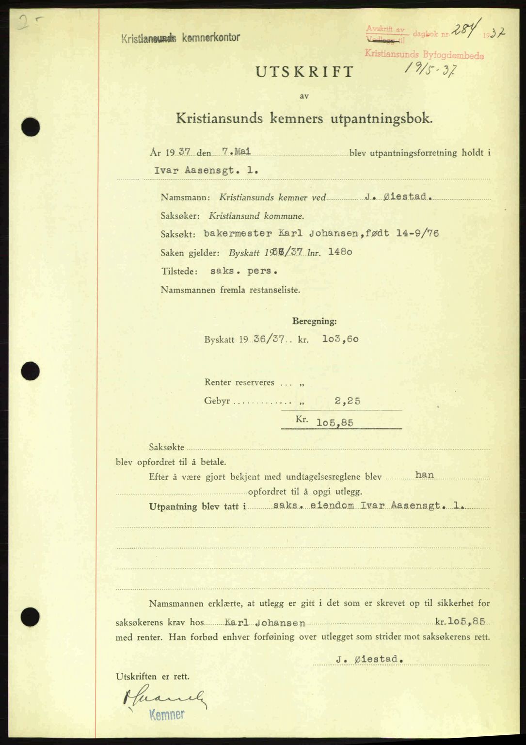 Kristiansund byfogd, SAT/A-4587/A/27: Pantebok nr. 29, 1936-1937, Dagboknr: 284/1937