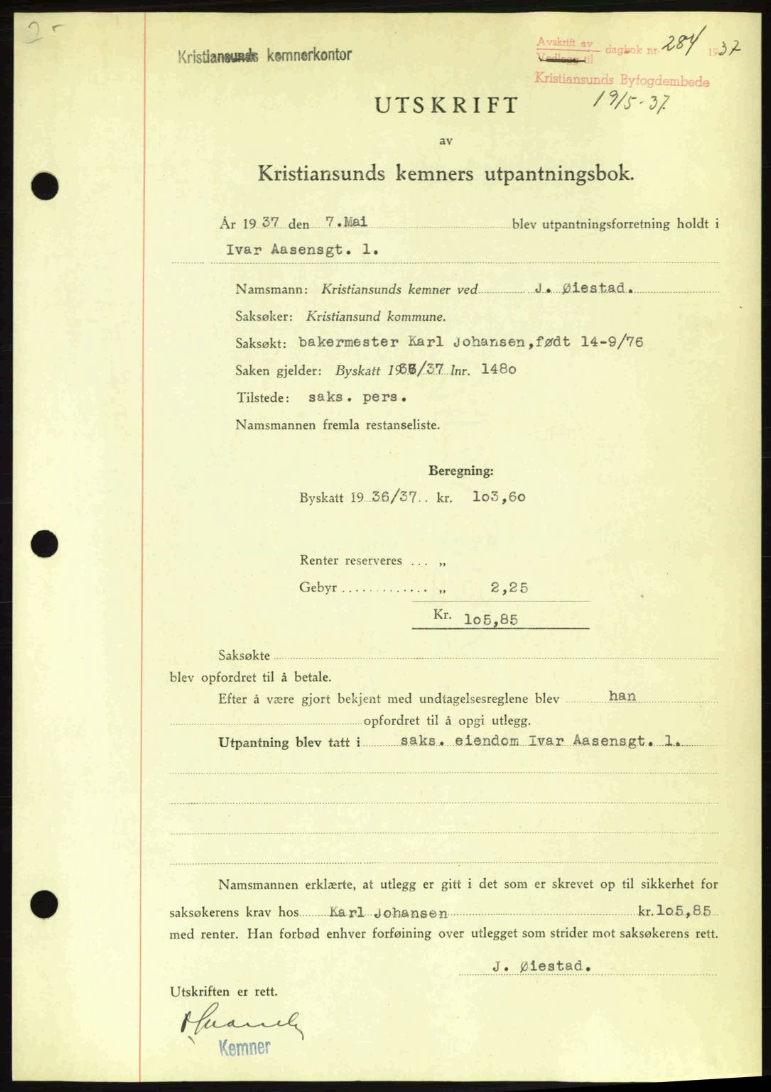 Kristiansund byfogd, AV/SAT-A-4587/A/27: Pantebok nr. 29, 1936-1937, Dagboknr: 284/1937