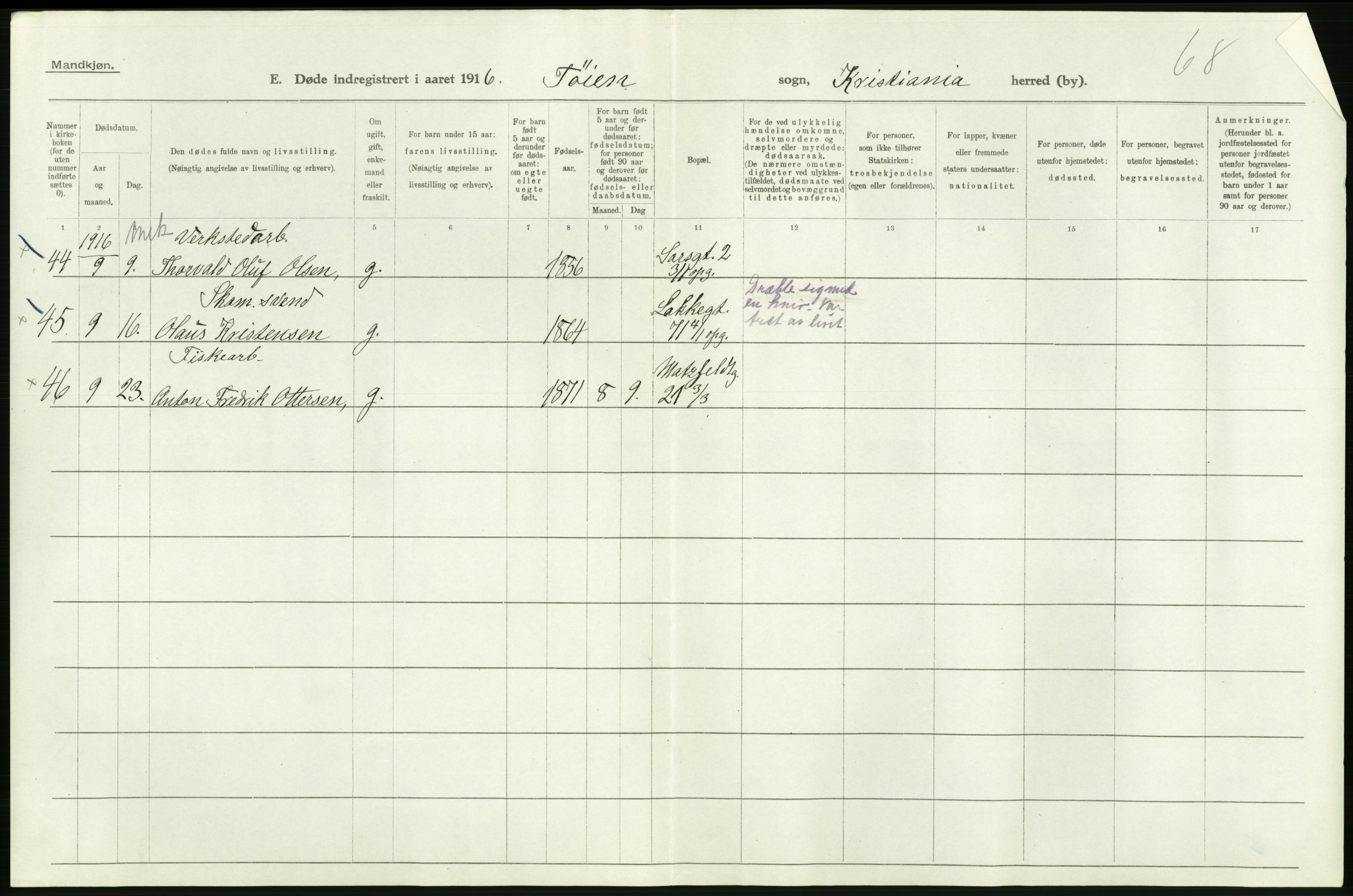 Statistisk sentralbyrå, Sosiodemografiske emner, Befolkning, AV/RA-S-2228/D/Df/Dfb/Dfbf/L0009: Kristiania: Døde., 1916, s. 492