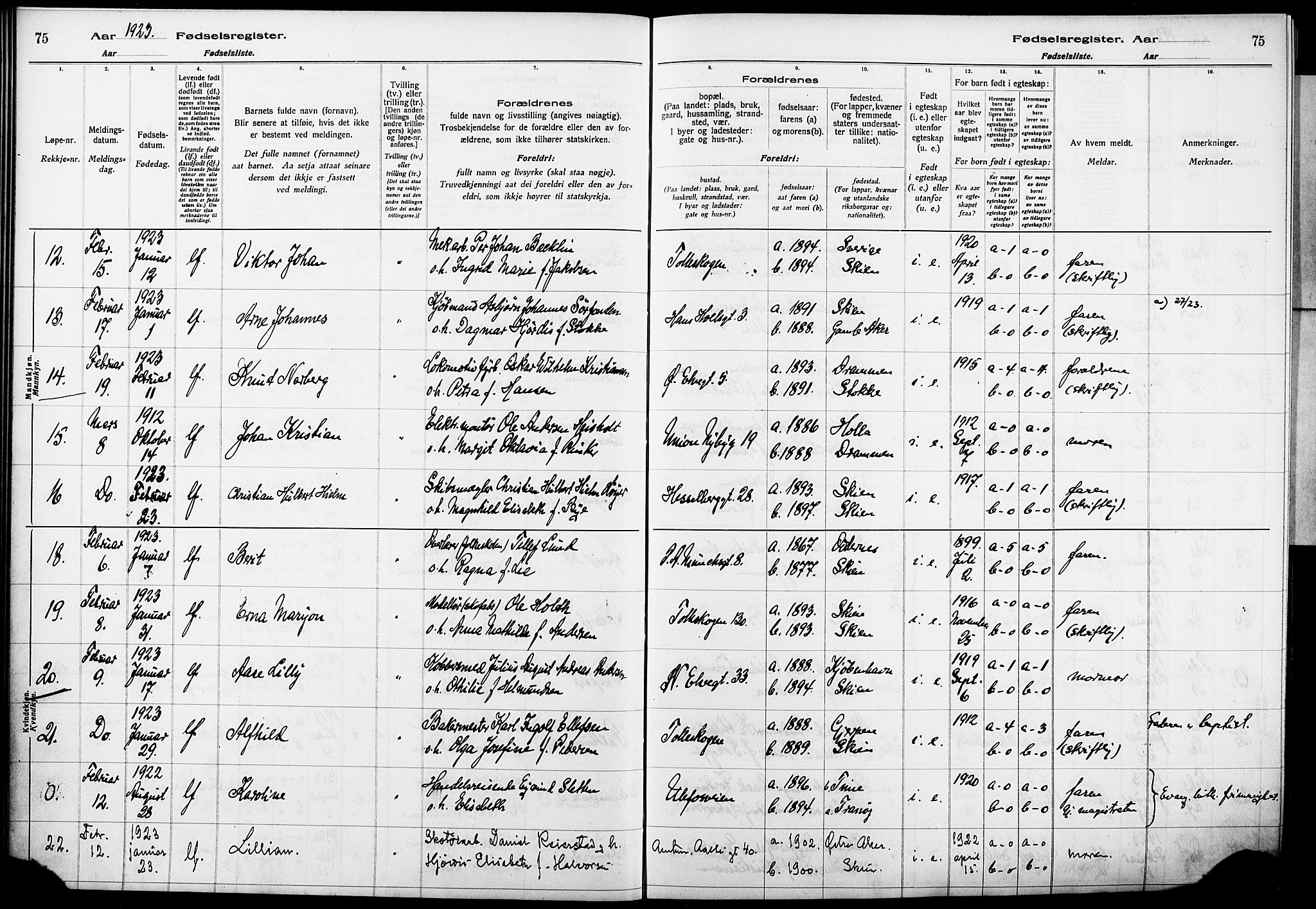 Skien kirkebøker, AV/SAKO-A-302/J/Ja/L0002: Fødselsregister nr. 2, 1921-1927, s. 75