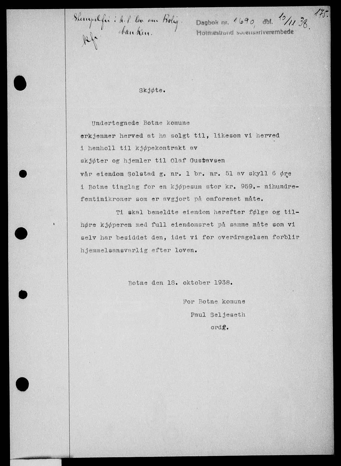 Holmestrand sorenskriveri, SAKO/A-67/G/Ga/Gaa/L0050: Pantebok nr. A-50, 1938-1939, Dagboknr: 1690/1938