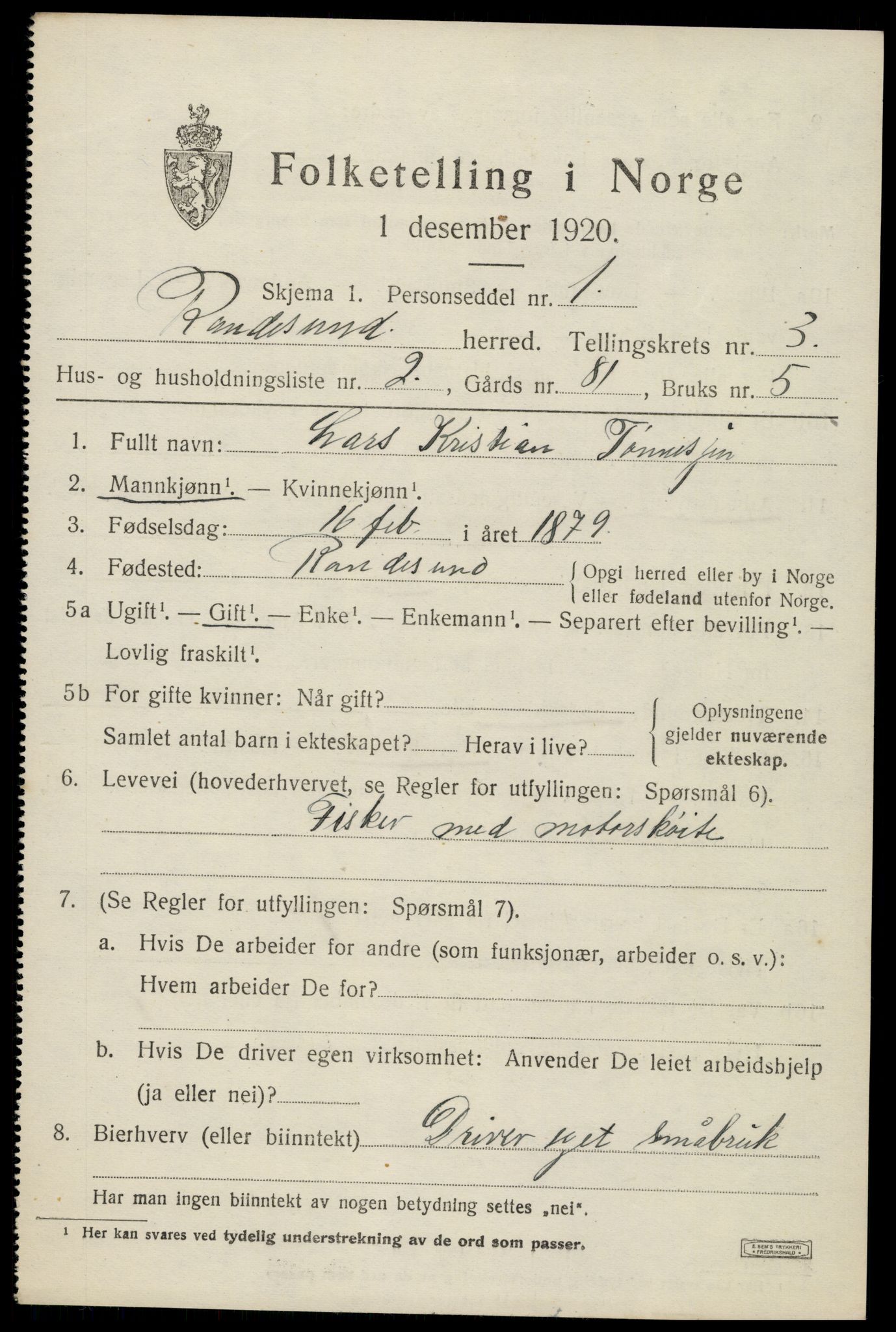 SAK, Folketelling 1920 for 1011 Randesund herred, 1920, s. 1466