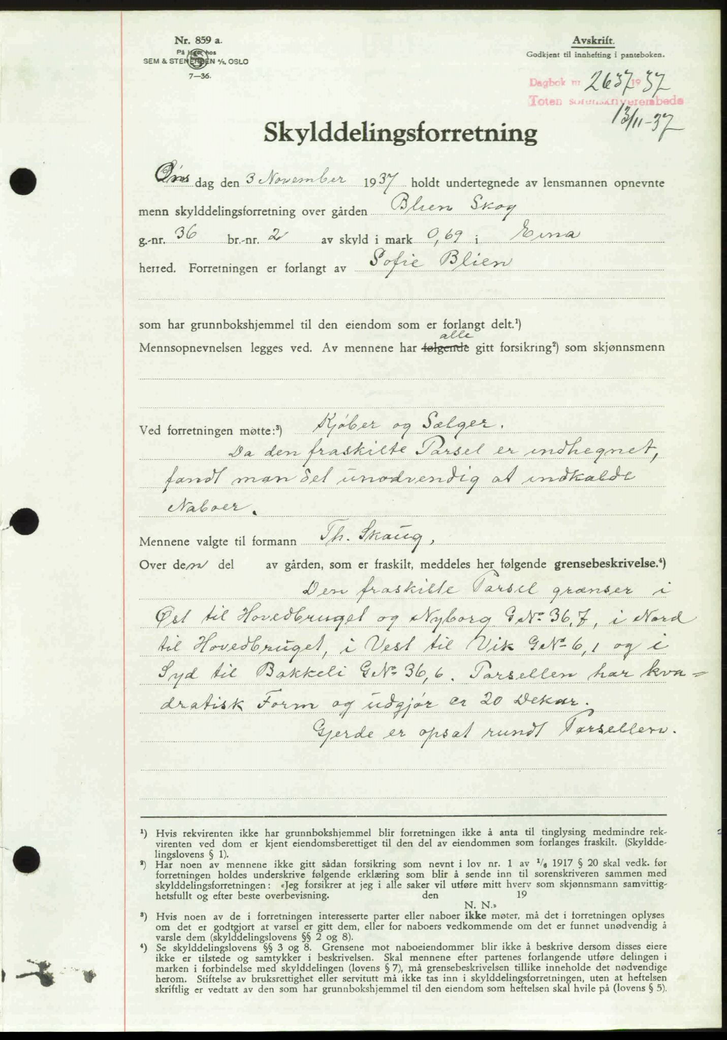 Toten tingrett, SAH/TING-006/H/Hb/Hbc/L0003: Pantebok nr. Hbc-03, 1937-1938, Dagboknr: 2637/1937