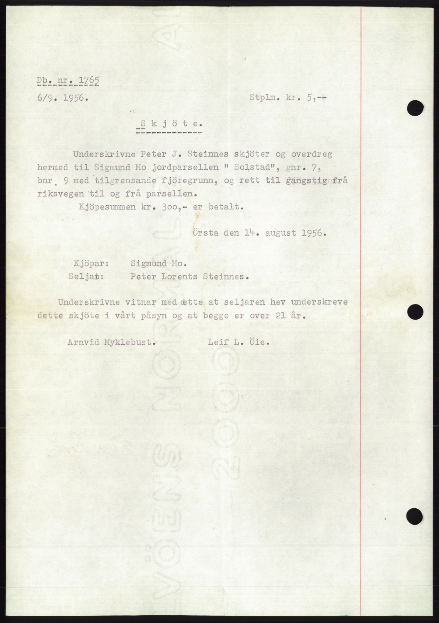 Søre Sunnmøre sorenskriveri, AV/SAT-A-4122/1/2/2C/L0104: Pantebok nr. 30A, 1956-1956, Dagboknr: 1765/1956