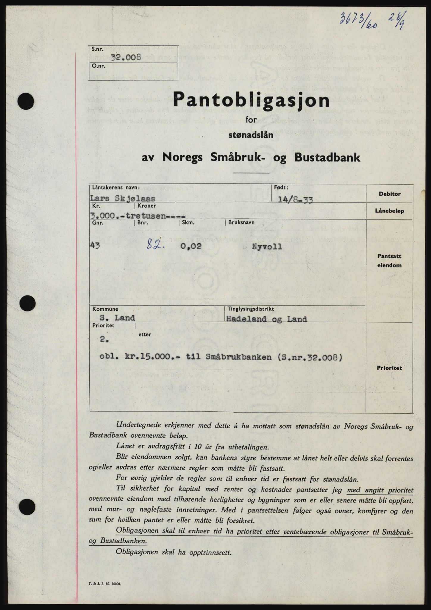 Hadeland og Land tingrett, SAH/TING-010/H/Hb/Hbc/L0044: Pantebok nr. B44, 1960-1961, Dagboknr: 3673/1960