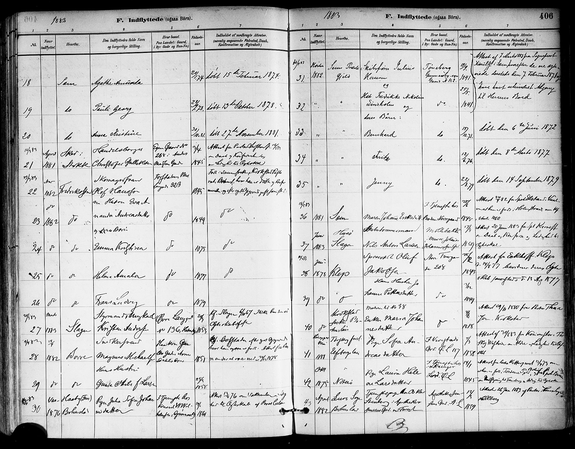 Tønsberg kirkebøker, AV/SAKO-A-330/F/Fa/L0011: Ministerialbok nr. I 11, 1881-1890, s. 406