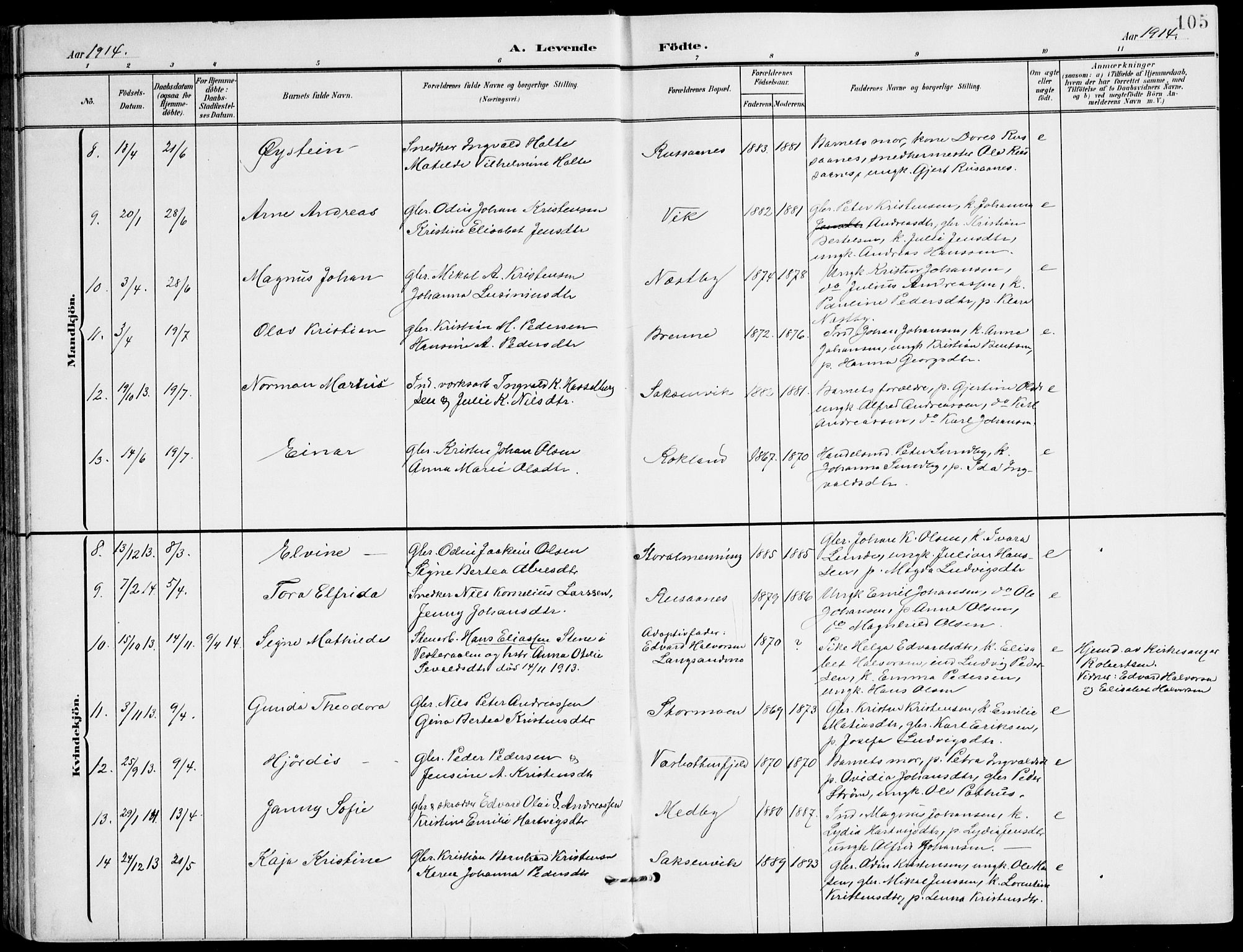 Ministerialprotokoller, klokkerbøker og fødselsregistre - Nordland, AV/SAT-A-1459/847/L0672: Ministerialbok nr. 847A12, 1902-1919, s. 105