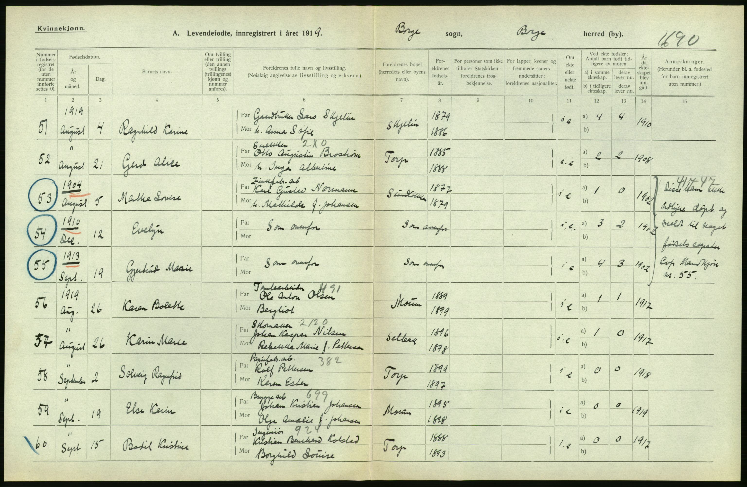 Statistisk sentralbyrå, Sosiodemografiske emner, Befolkning, RA/S-2228/D/Df/Dfb/Dfbi/L0001: Østfold fylke: Levendefødte menn og kvinner. Bygder., 1919, s. 120