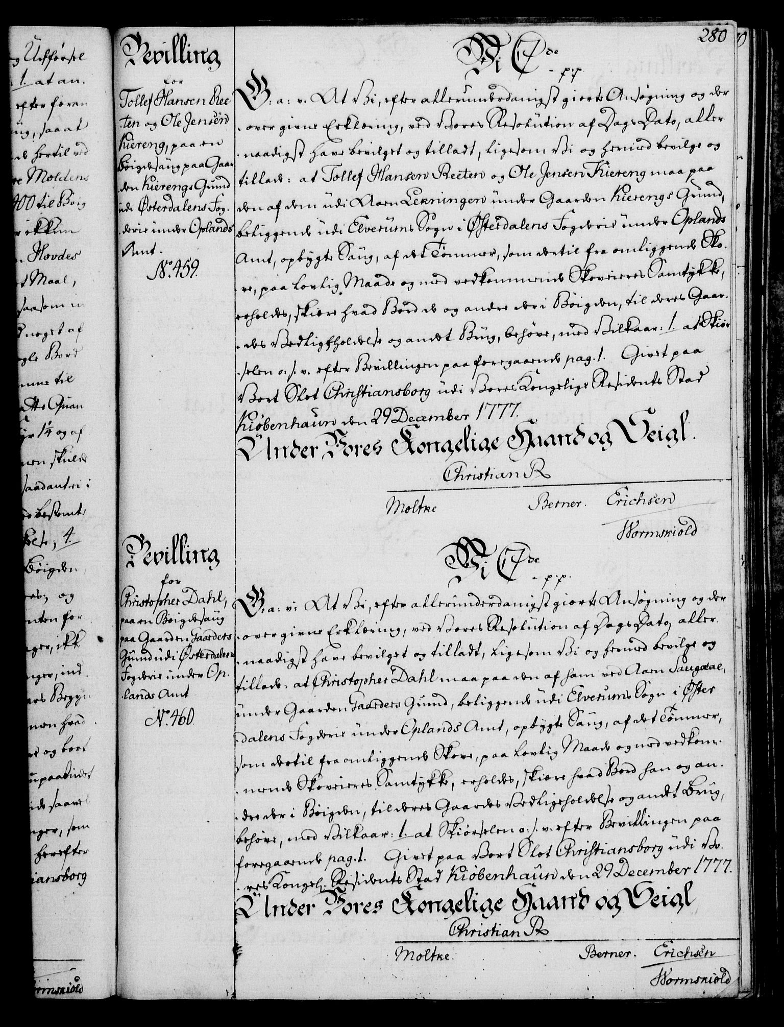 Rentekammeret, Kammerkanselliet, RA/EA-3111/G/Gg/Gga/L0010: Norsk ekspedisjonsprotokoll med register (merket RK 53.10), 1773-1778, s. 280