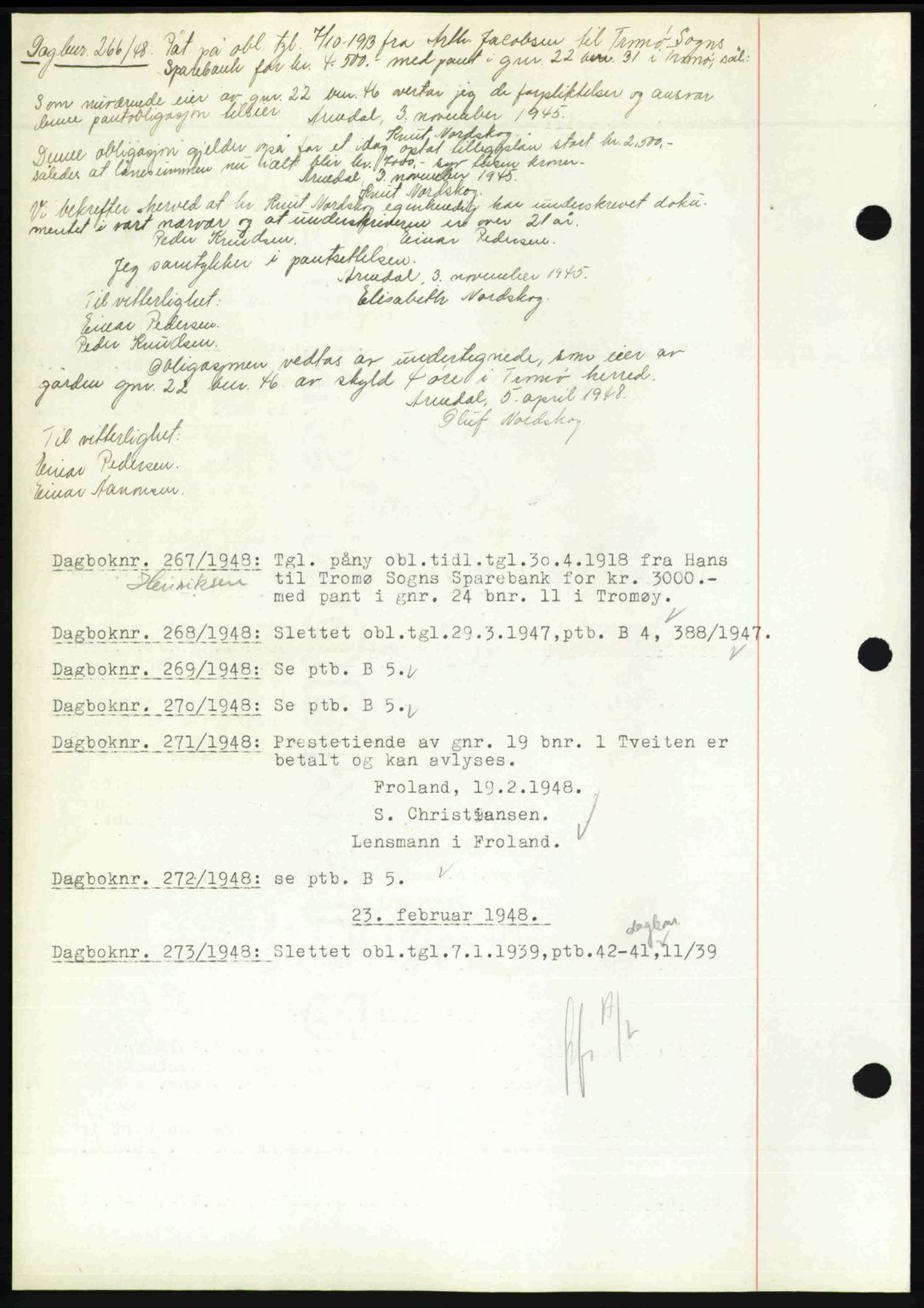 Nedenes sorenskriveri, SAK/1221-0006/G/Gb/Gba/L0058: Pantebok nr. A10, 1947-1948, Dagboknr: 266/1948
