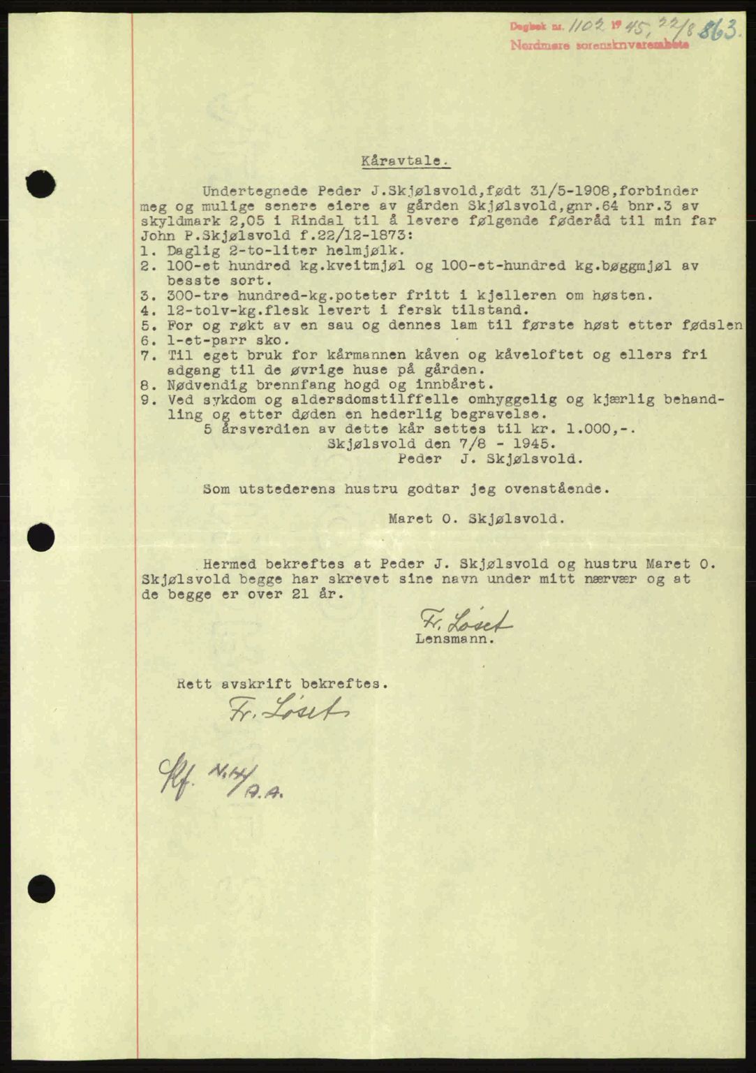 Nordmøre sorenskriveri, AV/SAT-A-4132/1/2/2Ca: Pantebok nr. B92, 1944-1945, Dagboknr: 1102/1945