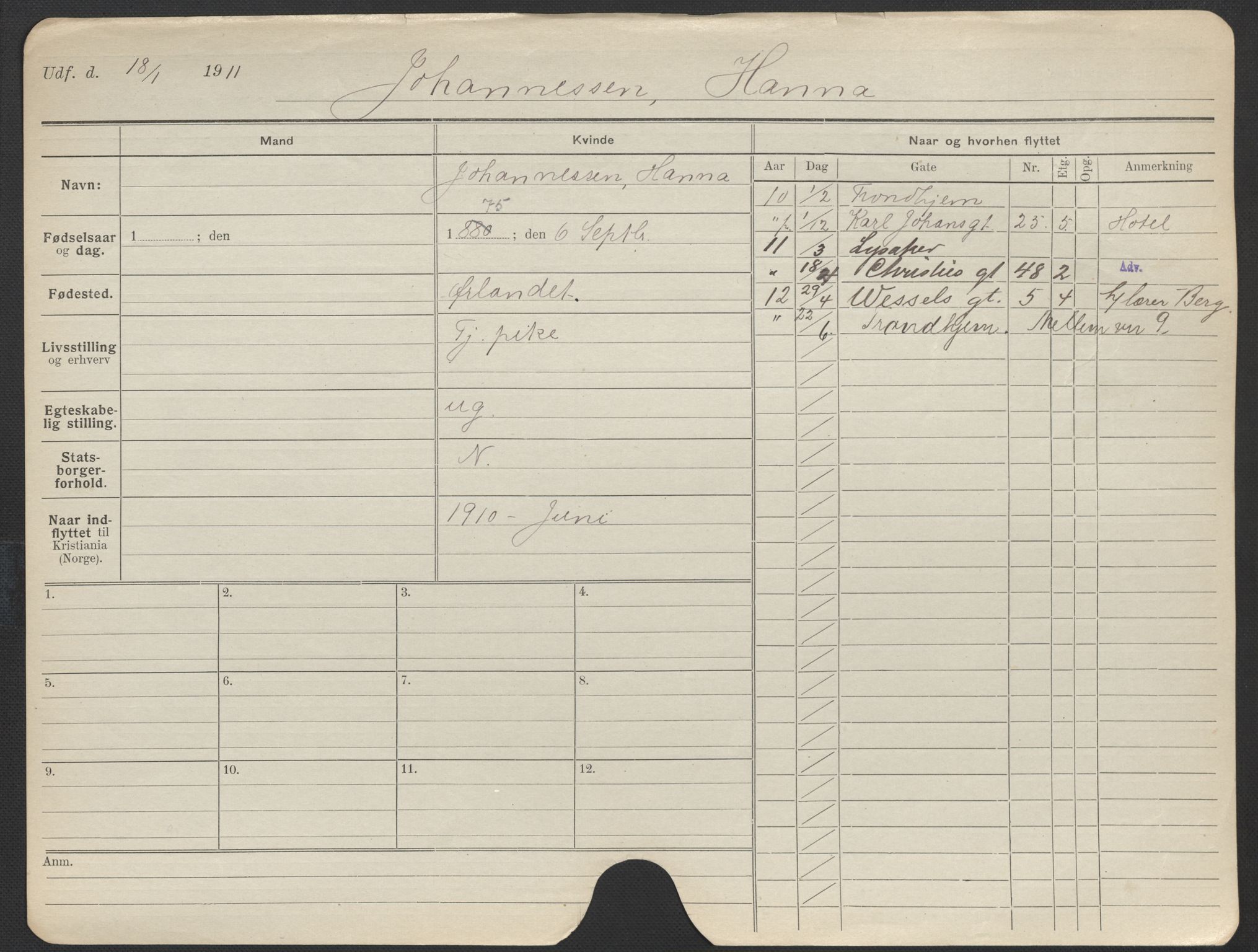 Oslo folkeregister, Registerkort, SAO/A-11715/F/Fa/Fac/L0018: Kvinner, 1906-1914, s. 27a