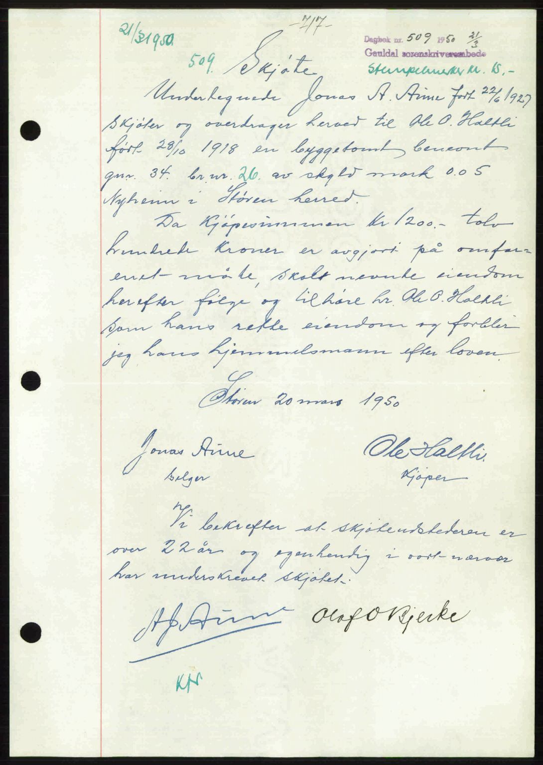 Gauldal sorenskriveri, SAT/A-0014/1/2/2C: Pantebok nr. A9, 1949-1950, Dagboknr: 509/1950