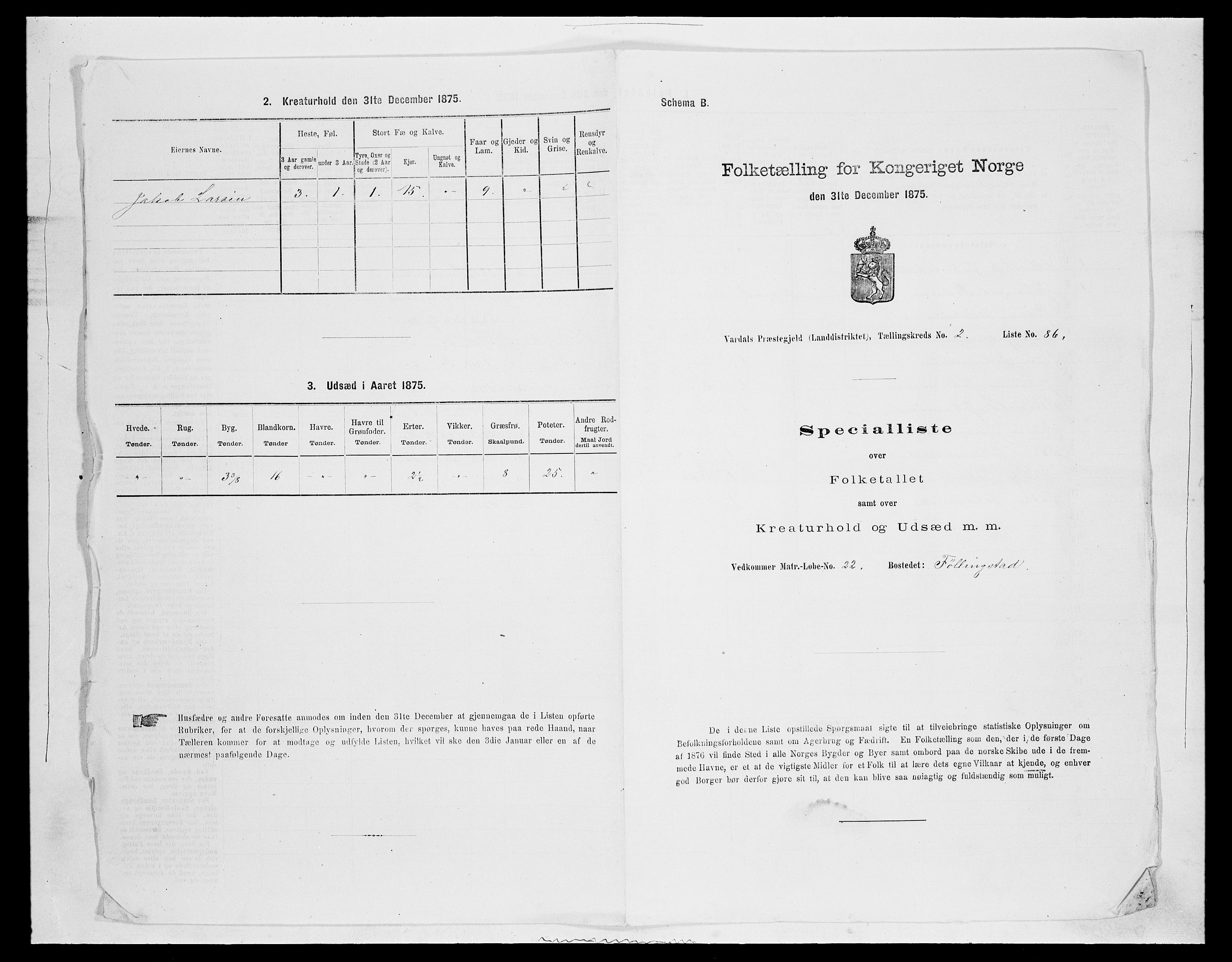 SAH, Folketelling 1875 for 0527L Vardal prestegjeld, Vardal sokn og Hunn sokn, 1875, s. 338