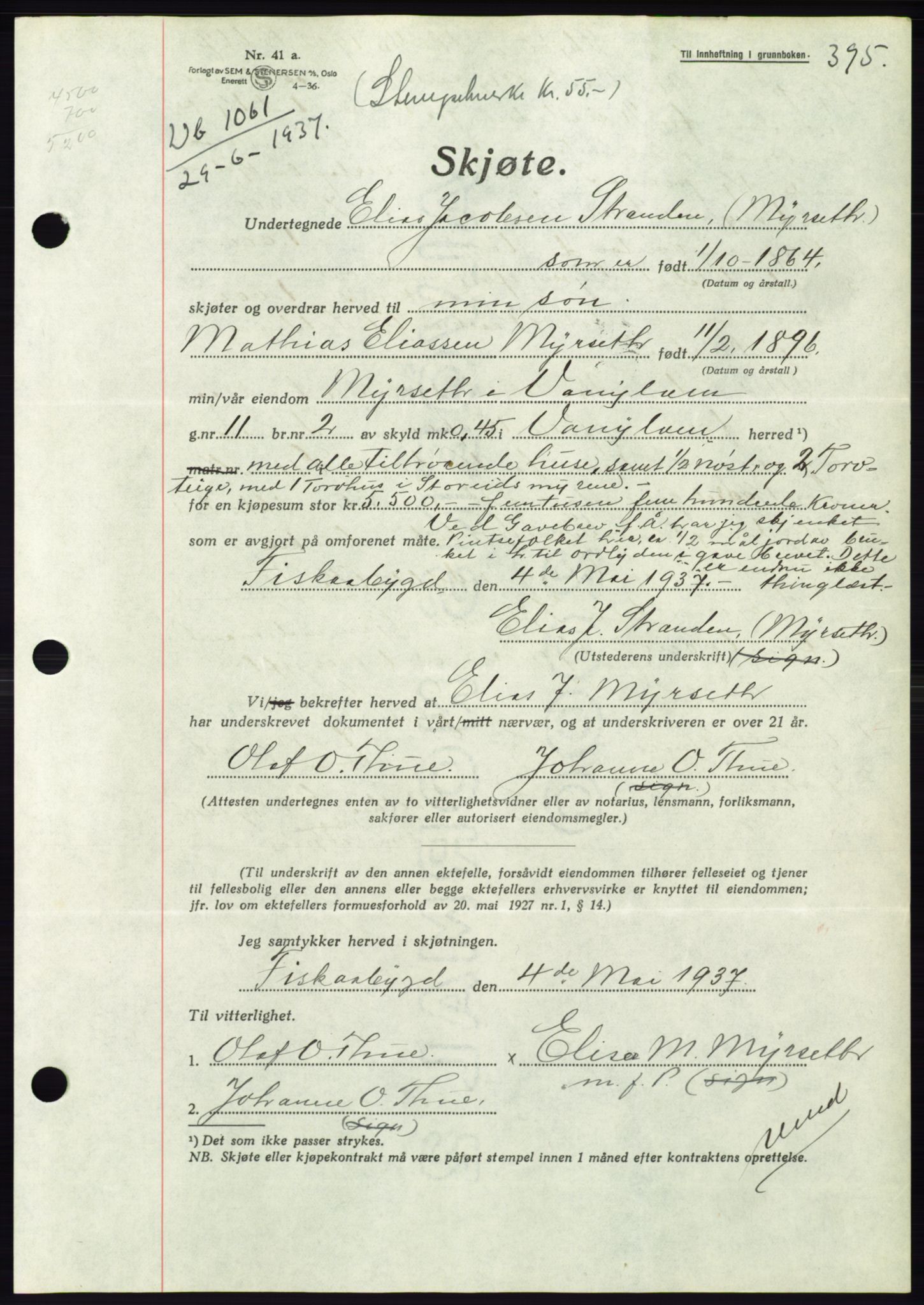 Søre Sunnmøre sorenskriveri, AV/SAT-A-4122/1/2/2C/L0063: Pantebok nr. 57, 1937-1937, Dagboknr: 1061/1937