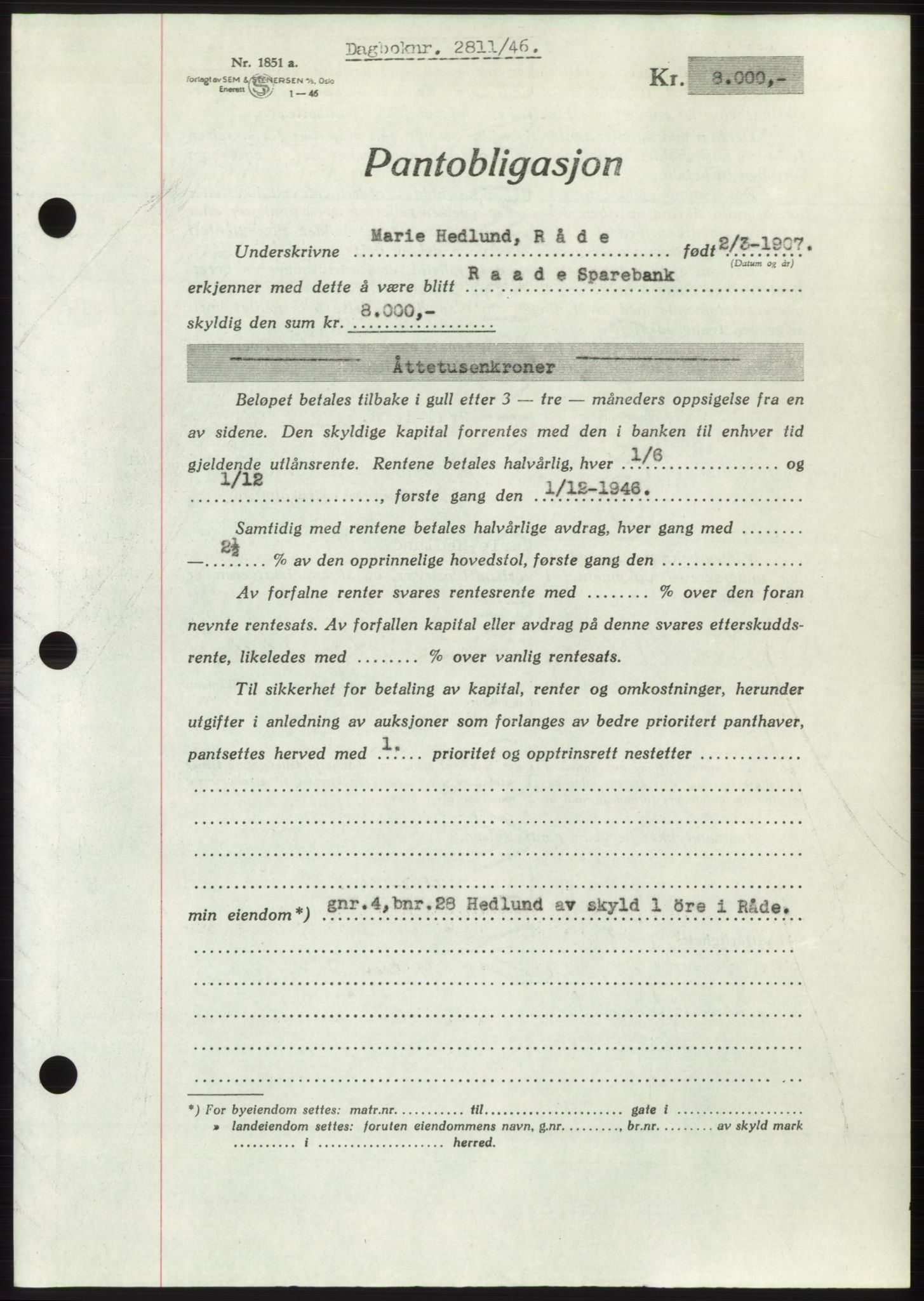 Moss sorenskriveri, SAO/A-10168: Pantebok nr. B16, 1946-1947, Dagboknr: 2811/1946
