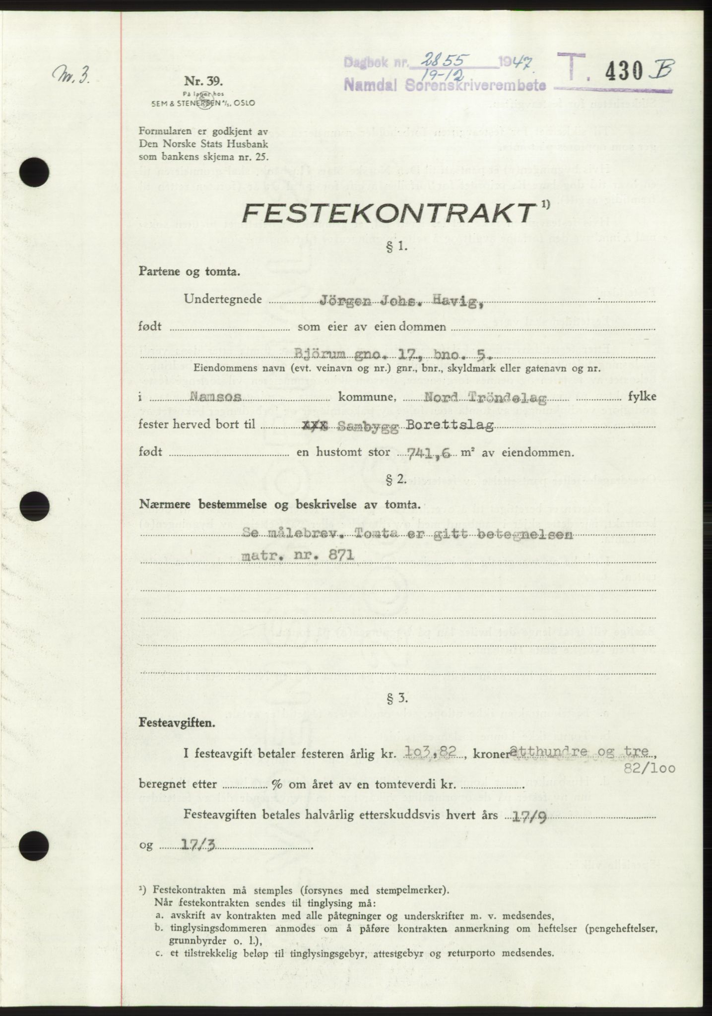 Namdal sorenskriveri, SAT/A-4133/1/2/2C: Pantebok nr. -, 1947-1948, Dagboknr: 2855/1947