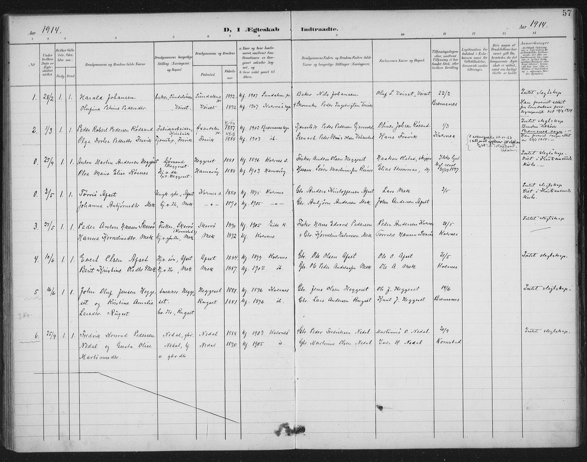 Ministerialprotokoller, klokkerbøker og fødselsregistre - Møre og Romsdal, AV/SAT-A-1454/568/L0810: Ministerialbok nr. 568A14, 1901-1915, s. 57