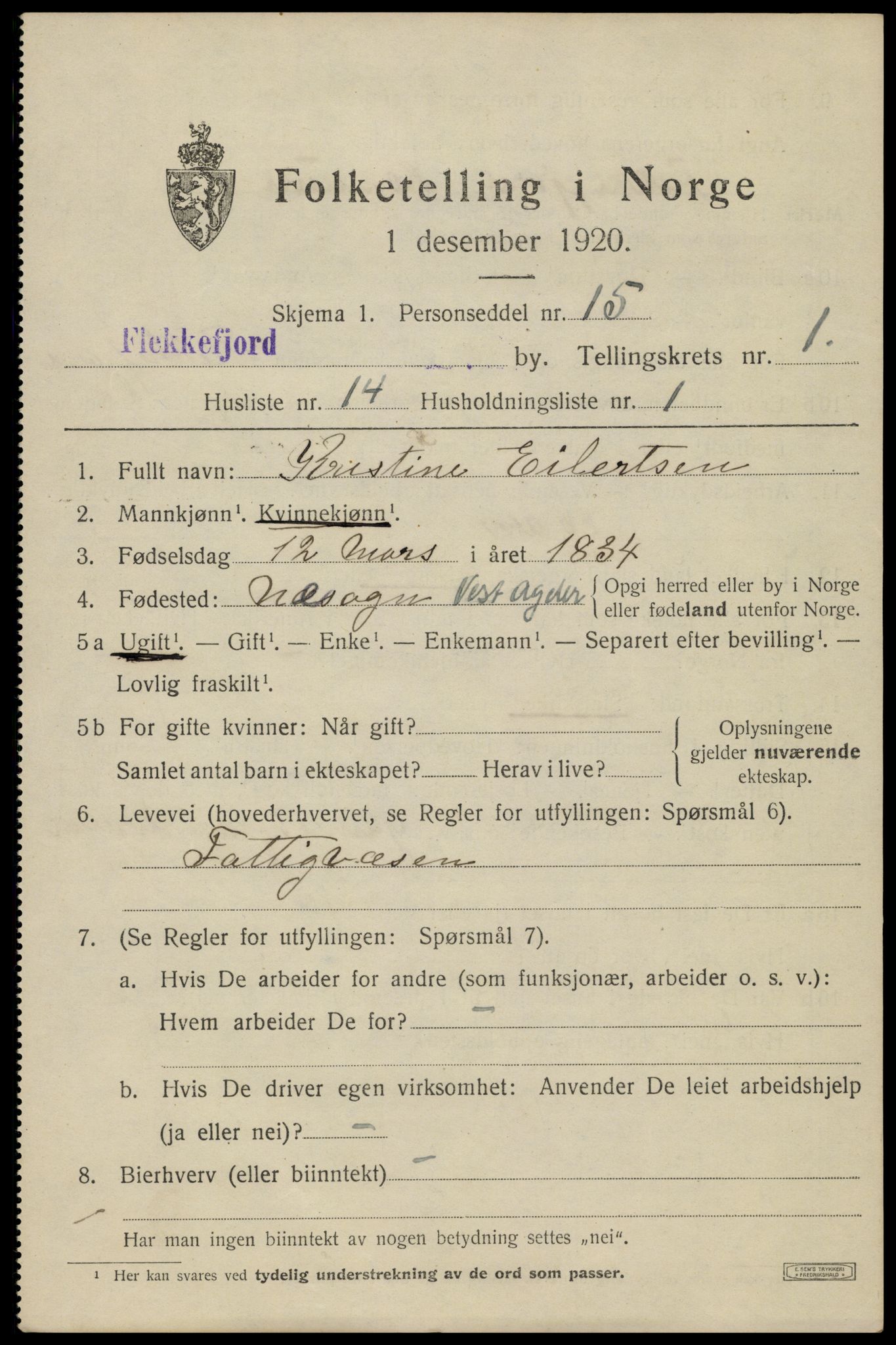 SAK, Folketelling 1920 for 1004 Flekkefjord kjøpstad, 1920, s. 2024