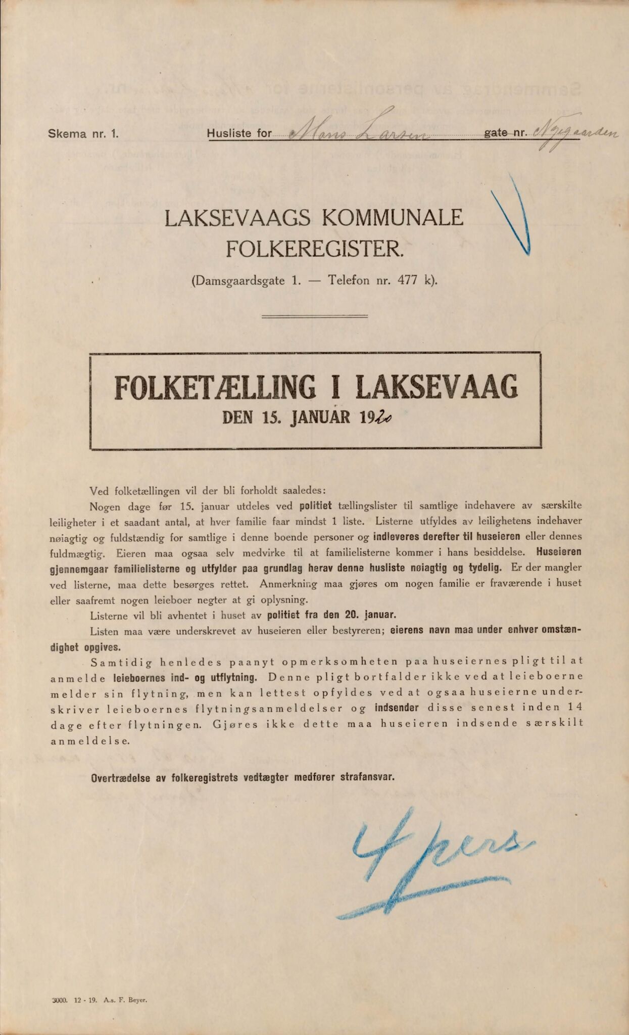 Laksevåg kommune. Folkeregisteret, BBA/A-1586/E/Ea/L0001: Folketellingskjema 1920, 1920, s. 1236