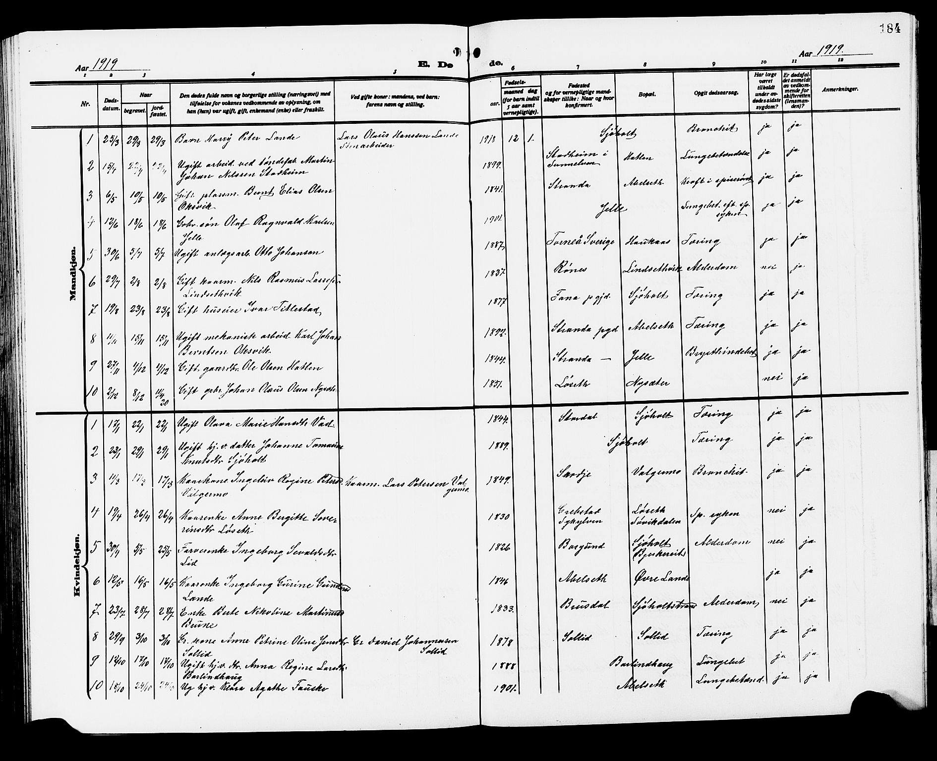 Ministerialprotokoller, klokkerbøker og fødselsregistre - Møre og Romsdal, SAT/A-1454/522/L0328: Klokkerbok nr. 522C07, 1909-1925, s. 184