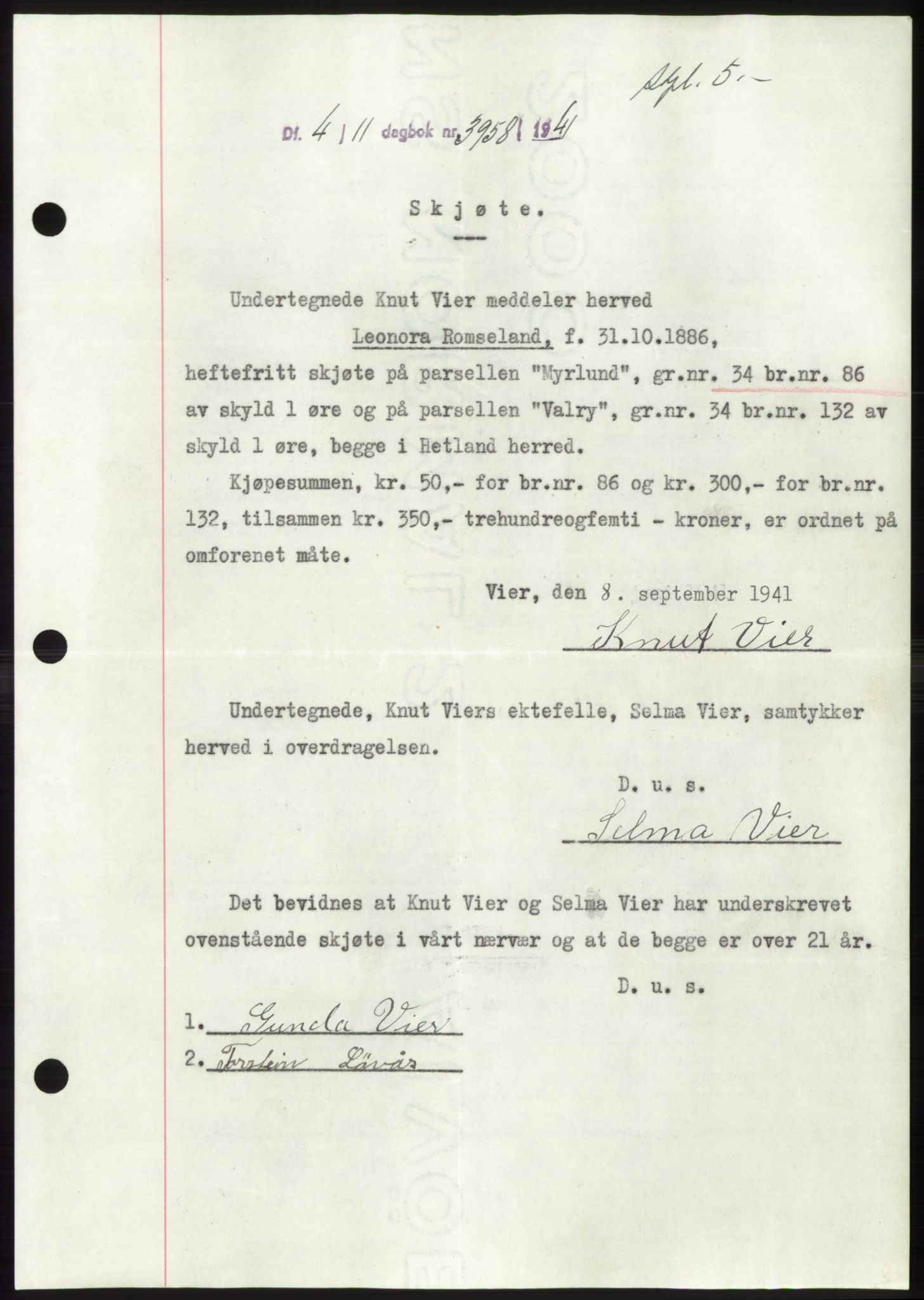 Jæren sorenskriveri, SAST/A-100310/03/G/Gba/L0081: Pantebok, 1941-1941, Dagboknr: 3958/1941