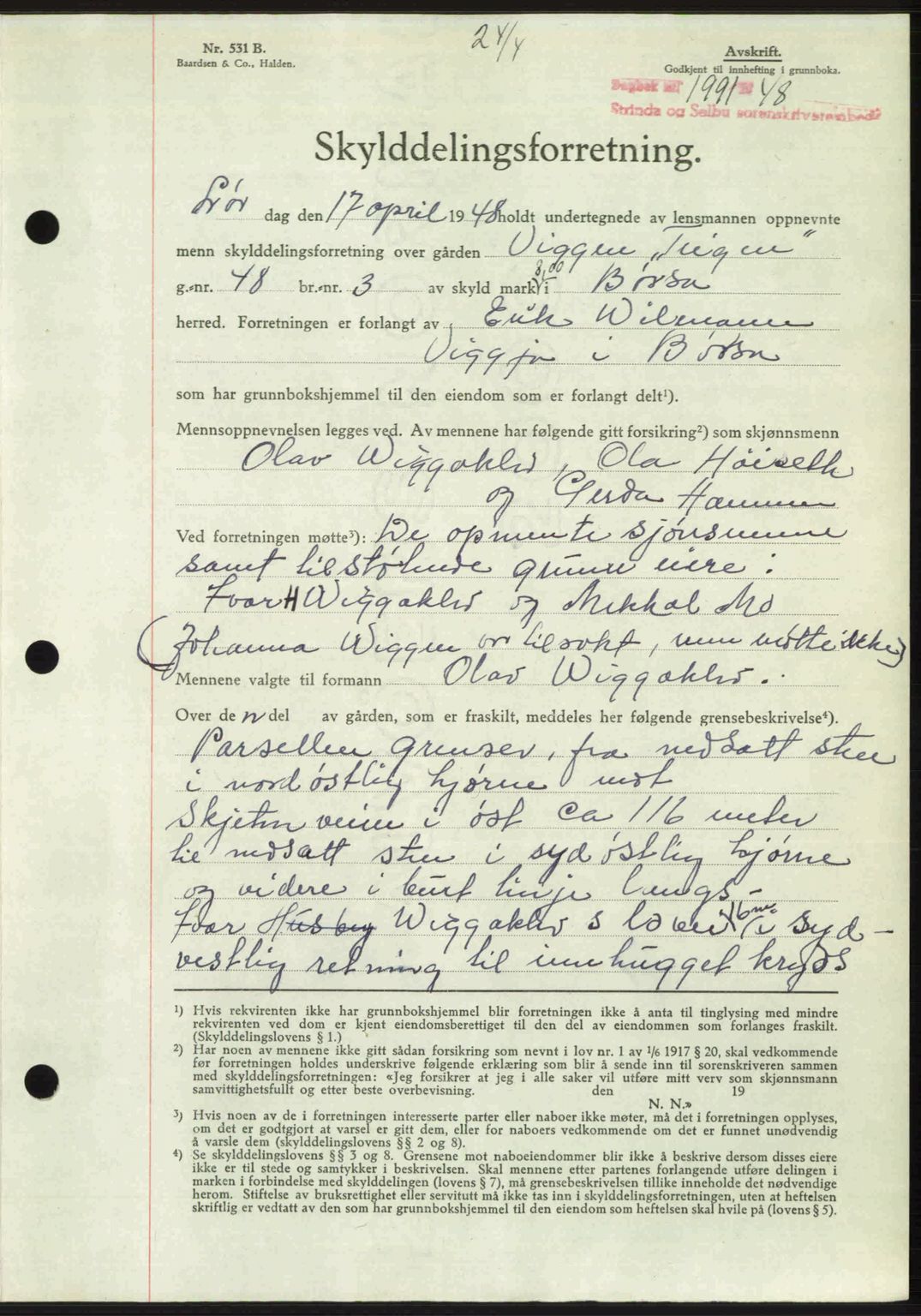 Strinda og Selbu sorenskriveri, AV/SAT-A-0015/2/2C: Pantebok nr. A13, 1947-1948, Dagboknr: 1991/1948