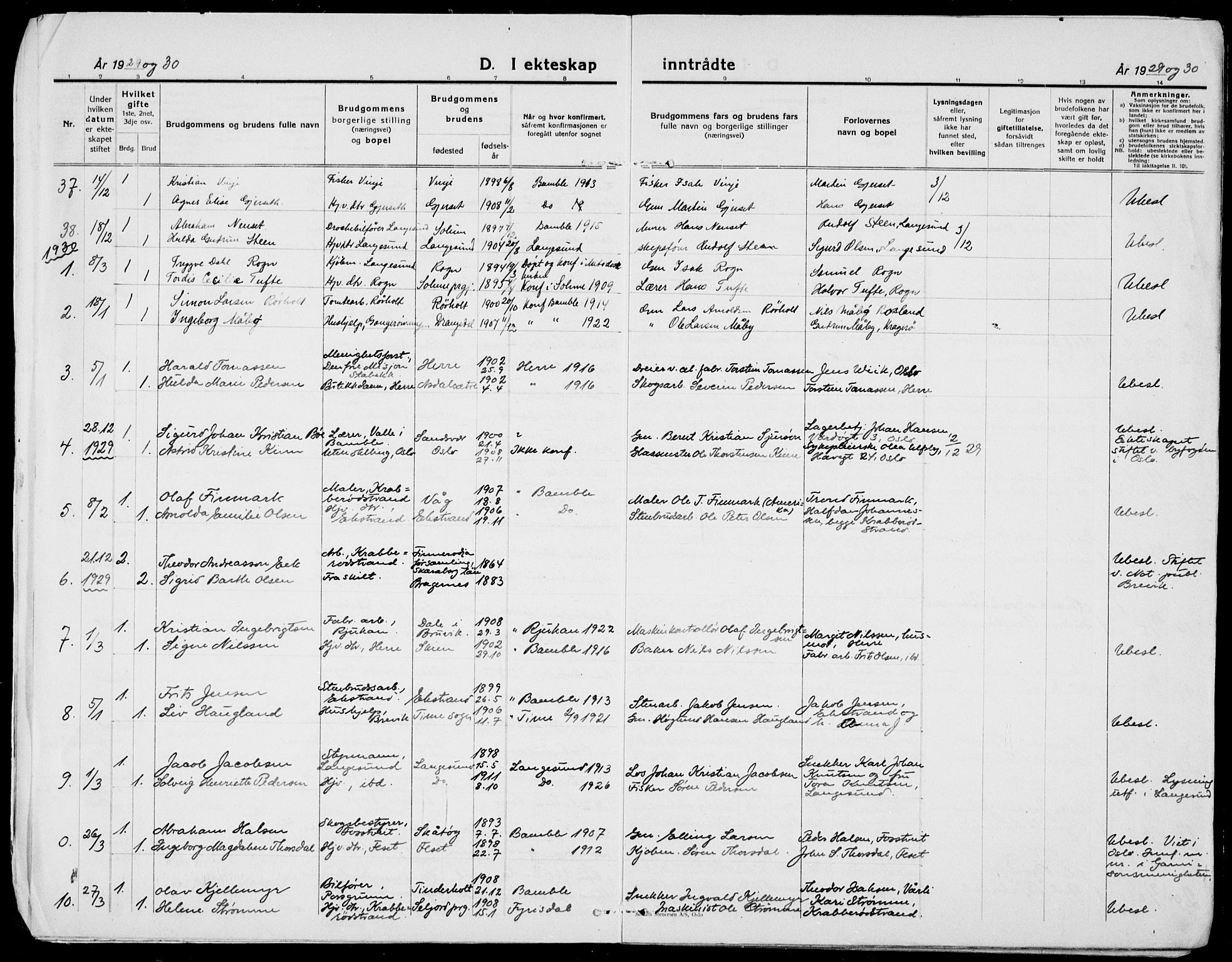Bamble kirkebøker, AV/SAKO-A-253/G/Ga/L0011: Klokkerbok nr. I 11, 1920-1935