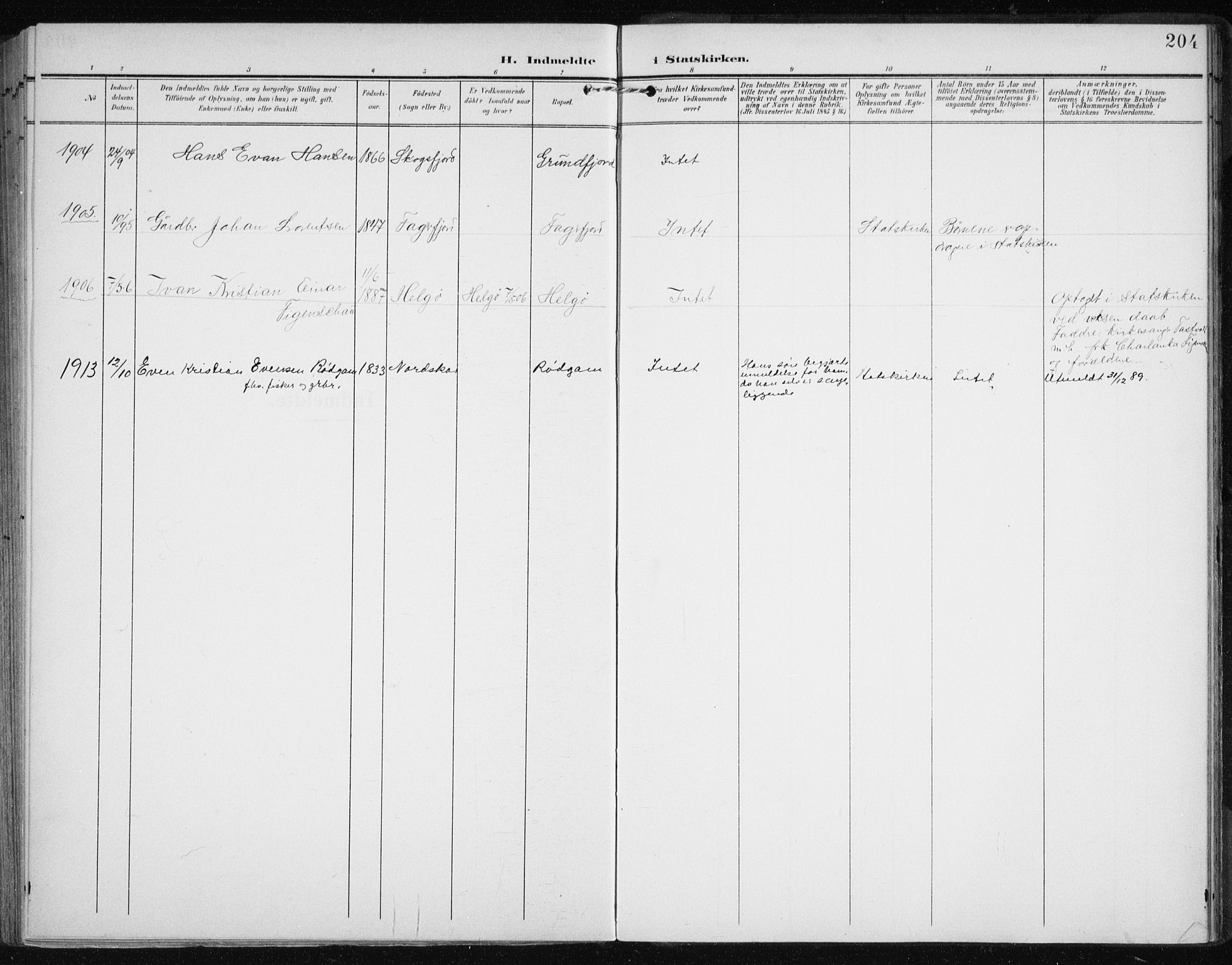 Karlsøy sokneprestembete, AV/SATØ-S-1299/H/Ha/Haa/L0013kirke: Ministerialbok nr. 13, 1902-1916, s. 204