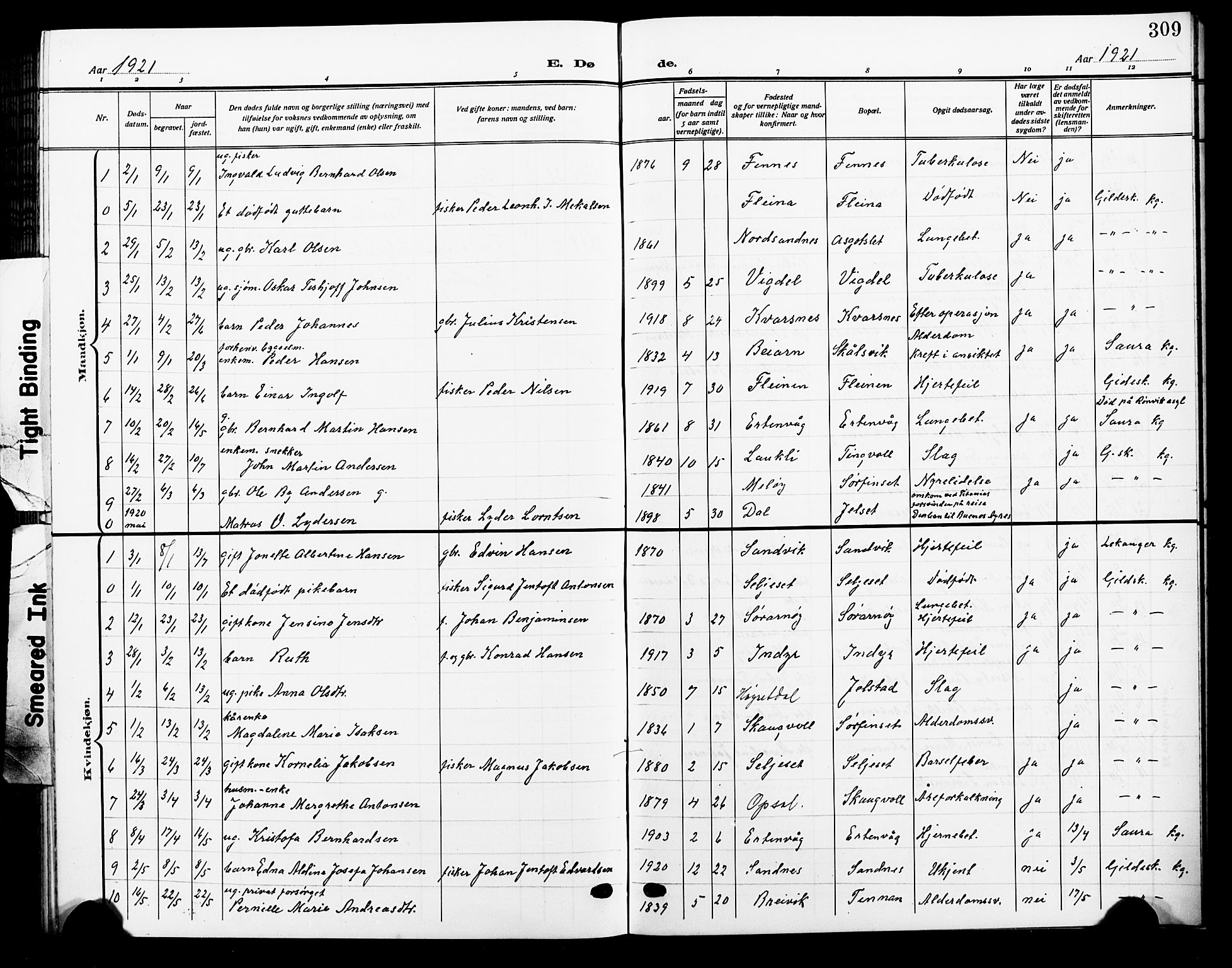 Ministerialprotokoller, klokkerbøker og fødselsregistre - Nordland, SAT/A-1459/805/L0110: Klokkerbok nr. 805C06, 1909-1924, s. 309