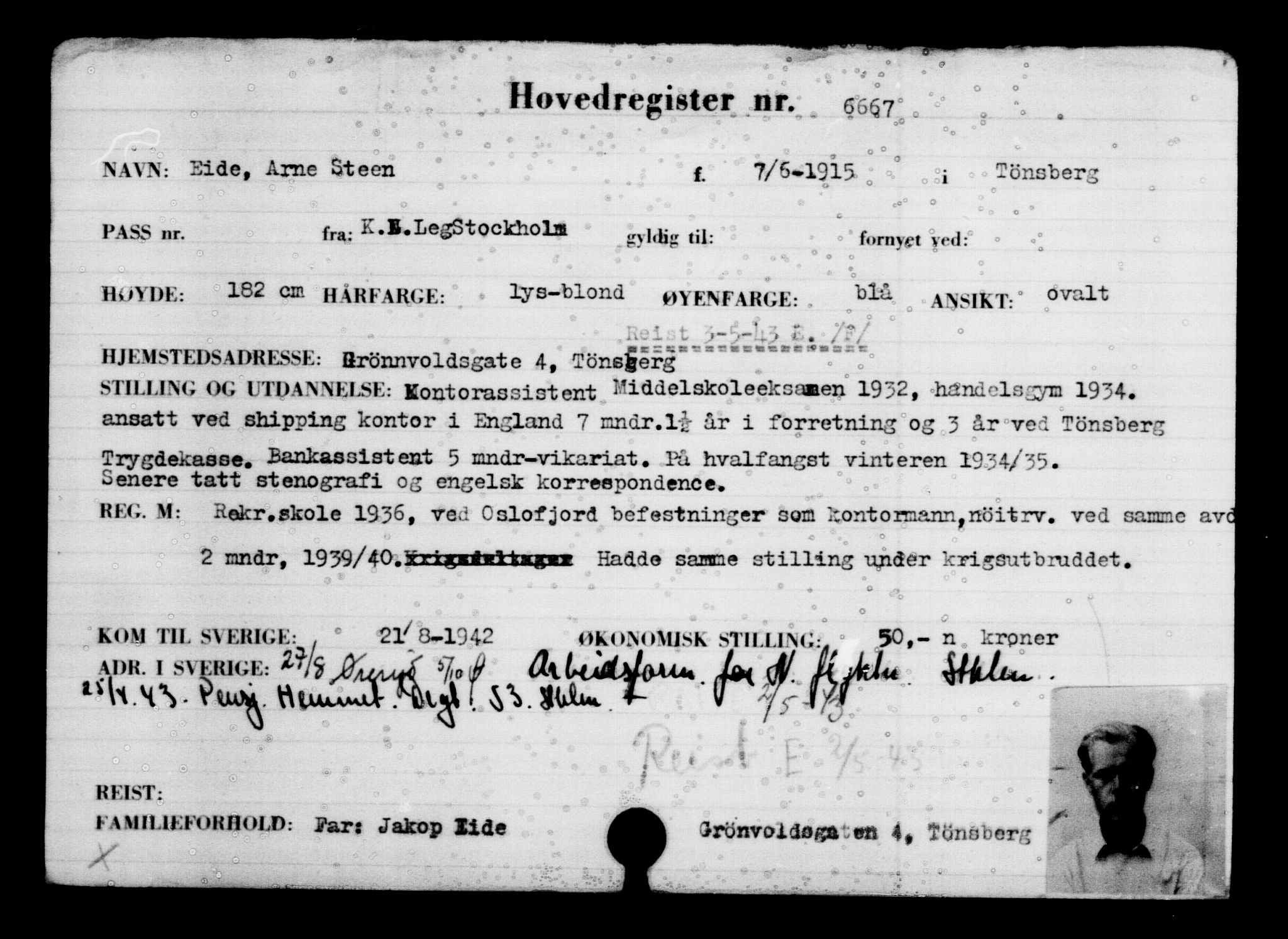 Utenriksstasjonene, Legasjonen i Stockholm, Flyktningkontoret, AV/RA-S-6753/V/Va/L0005: Kjesäterkartoteket, flyktning nr. 6600-9417, 1940-1945, s. 80