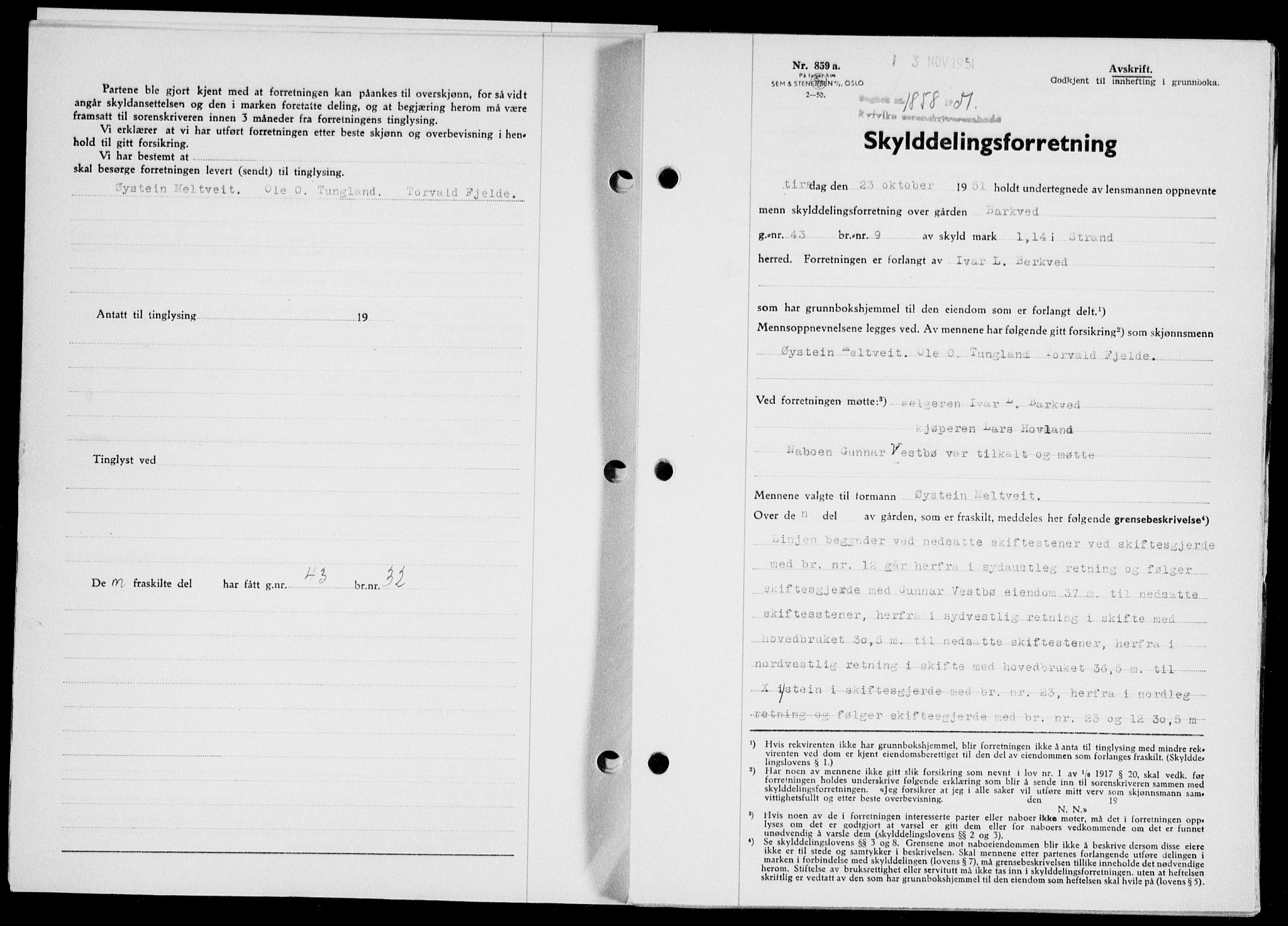 Ryfylke tingrett, SAST/A-100055/001/II/IIB/L0114: Pantebok nr. 93, 1951-1951, Dagboknr: 1858/1951