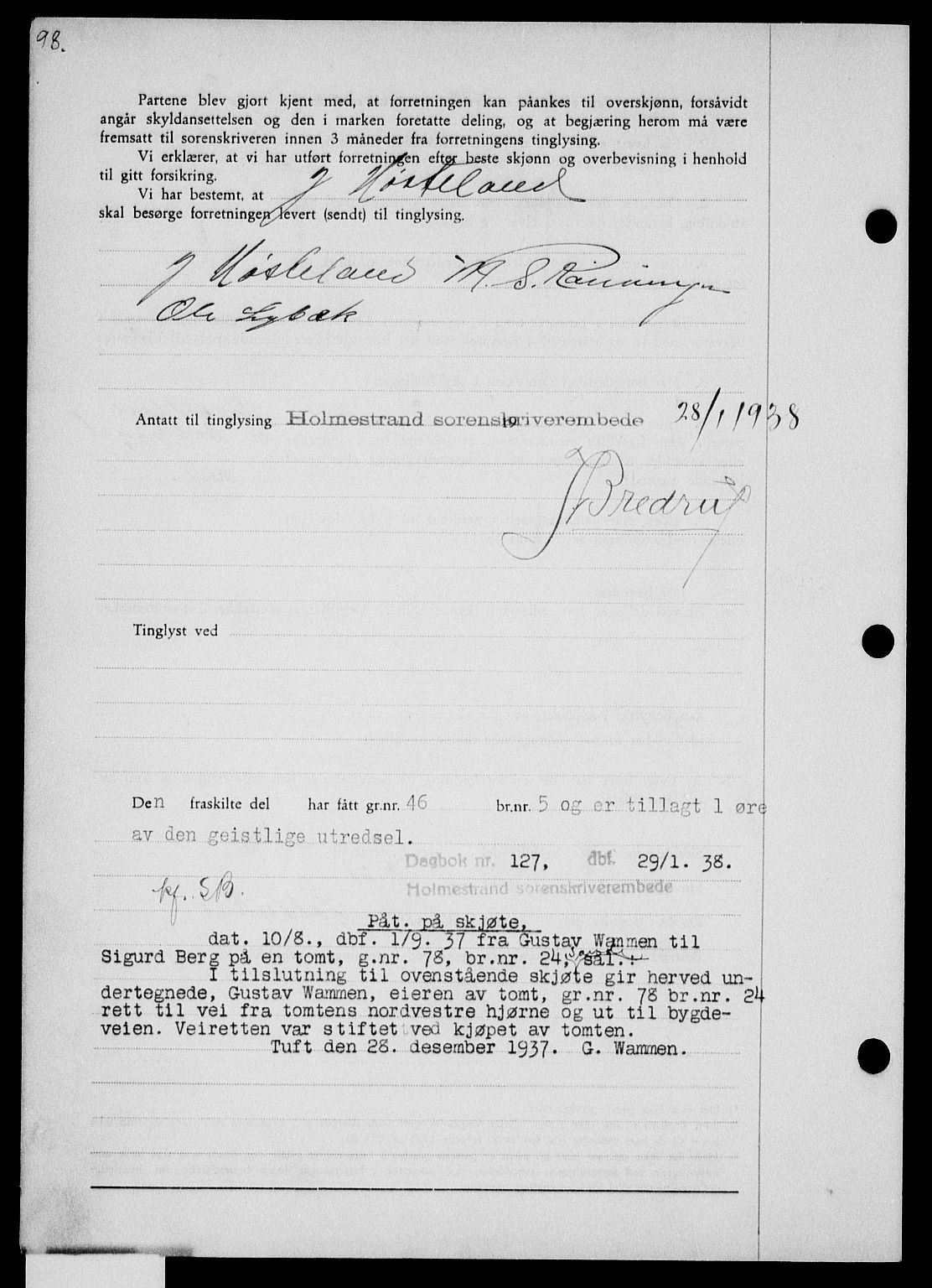 Holmestrand sorenskriveri, SAKO/A-67/G/Ga/Gaa/L0049: Pantebok nr. A-49, 1937-1938, Dagboknr: 127/1938