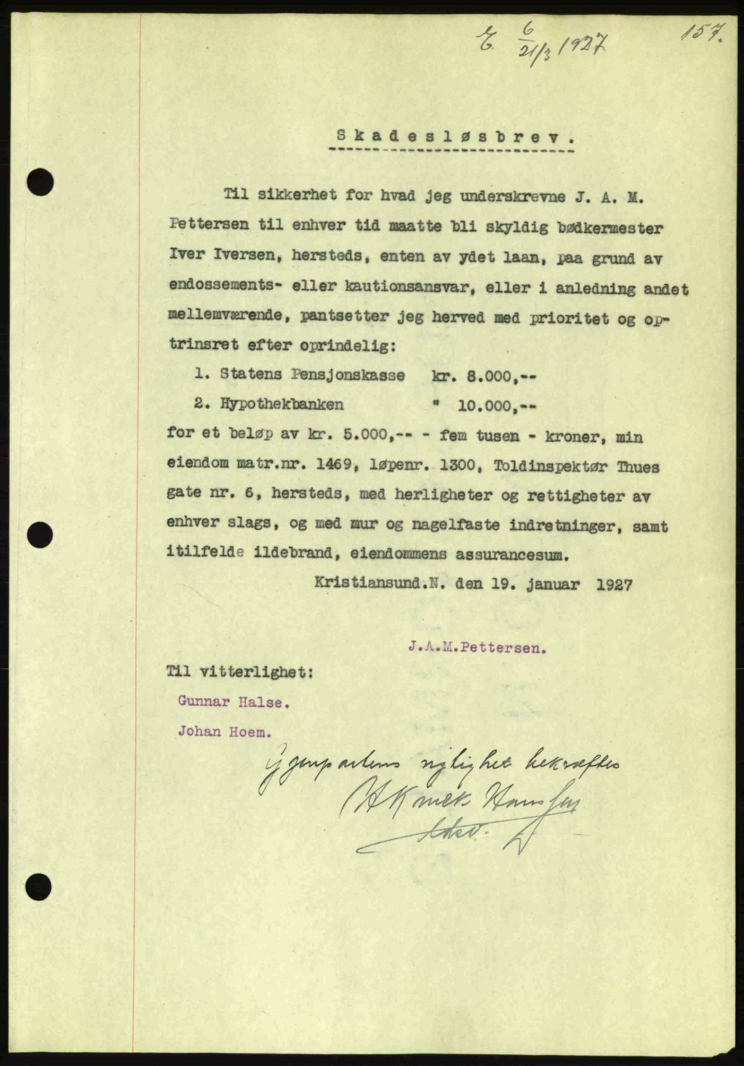 Kristiansund byfogd, AV/SAT-A-4587/A/27: Pantebok nr. 21, 1926-1928, Tingl.dato: 21.03.1927