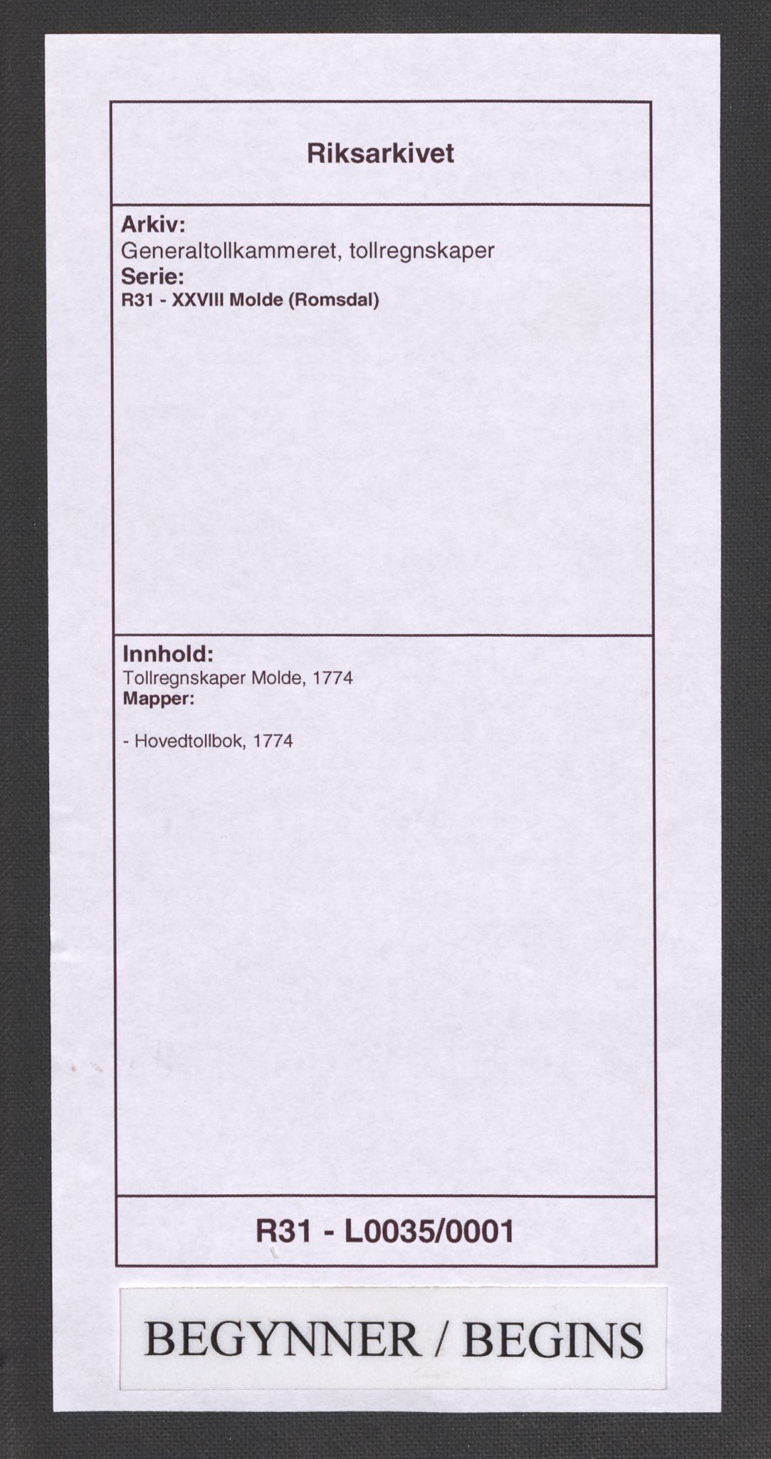 Generaltollkammeret, tollregnskaper, RA/EA-5490/R31/L0035/0001: Tollregnskaper Molde / Hovedtollbok, 1774