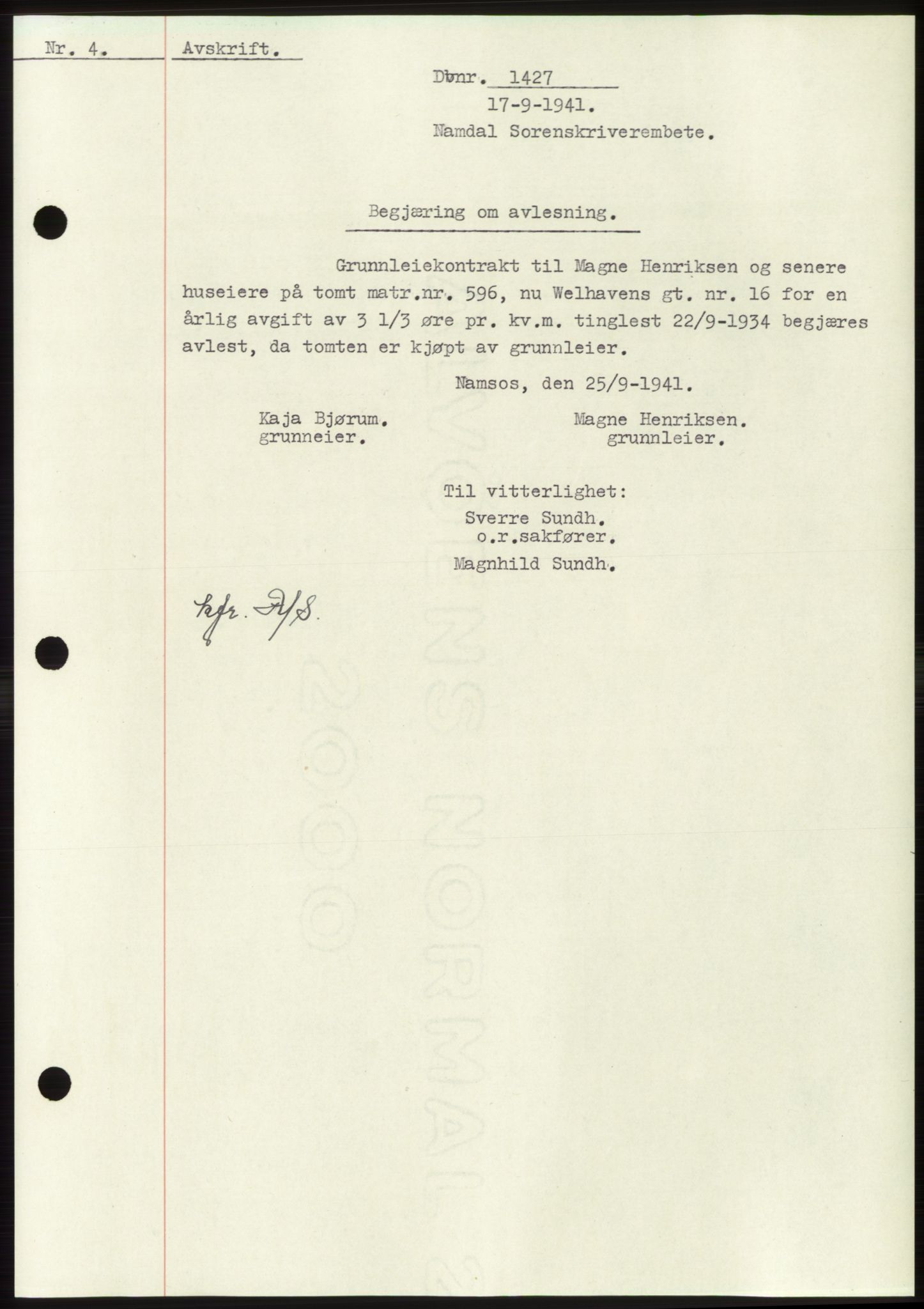 Namdal sorenskriveri, SAT/A-4133/1/2/2C: Pantebok nr. -, 1941-1942, Dagboknr: 1427/1941