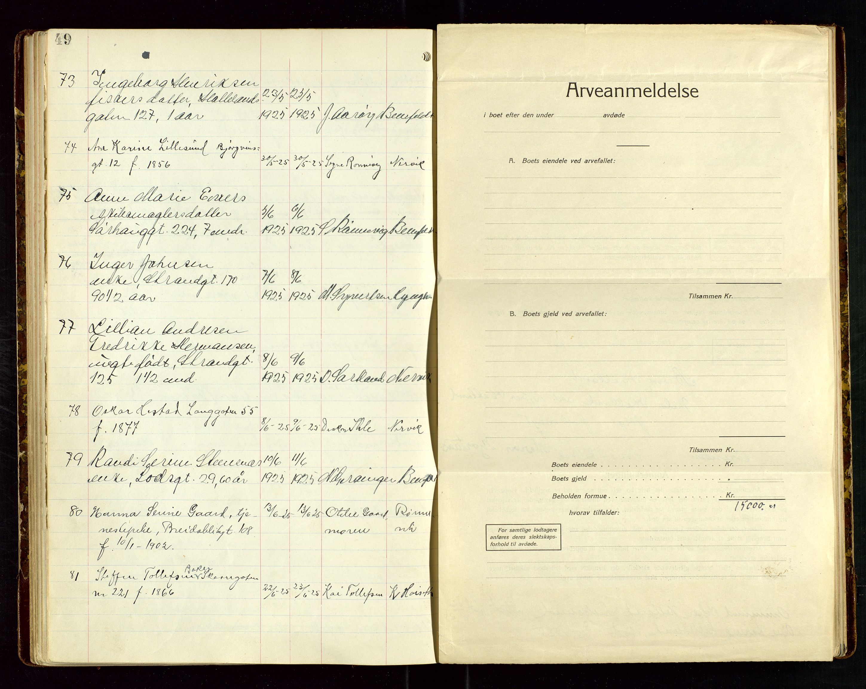 Haugesund tingrett, SAST/A-101415/01/IV/IVJ/L0006: Dødsfallsprotokoll, 1922-1928, s. 49