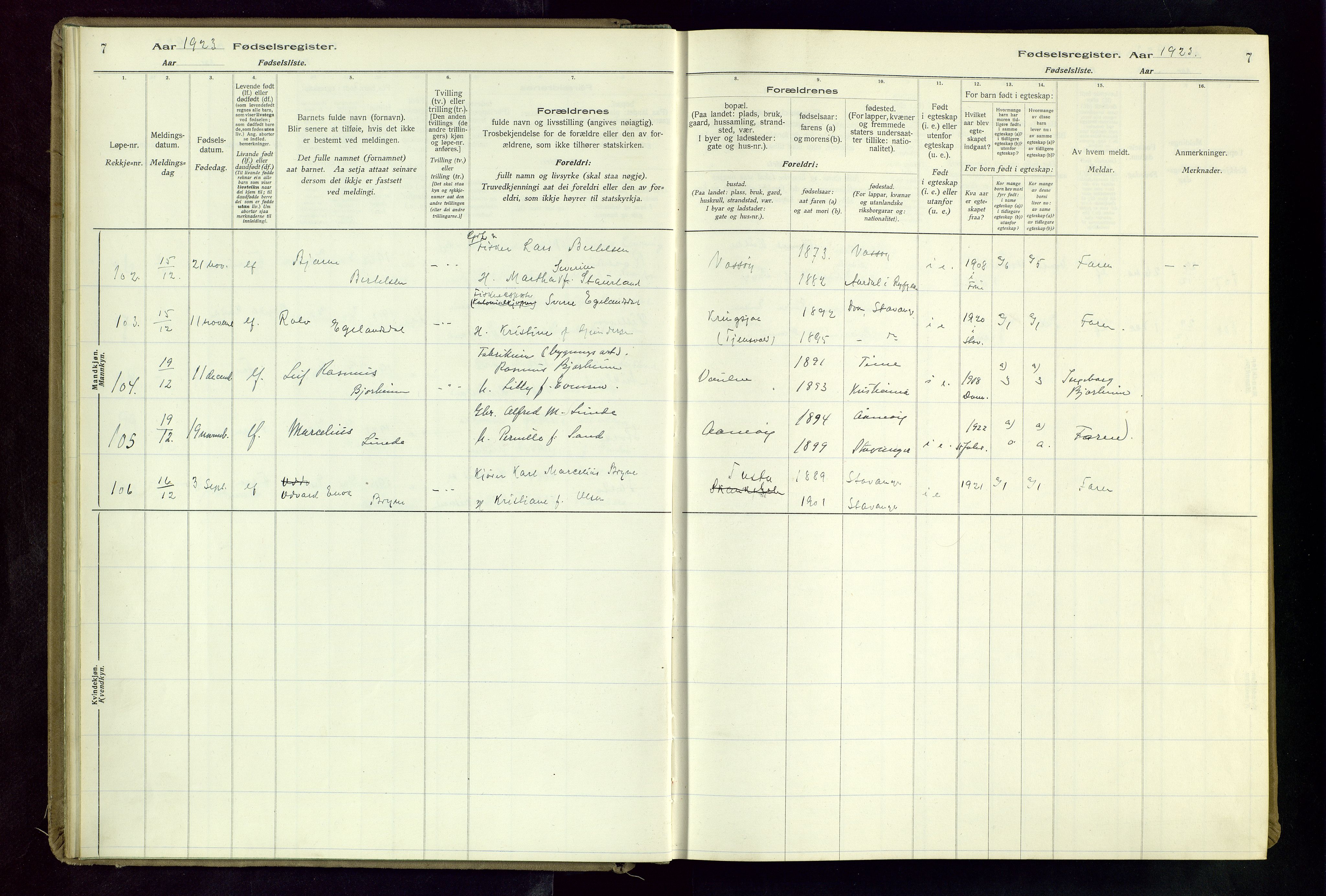 Hetland sokneprestkontor, AV/SAST-A-101826/70/704BA/L0004: Fødselsregister nr. 4, 1923-1937, s. 7