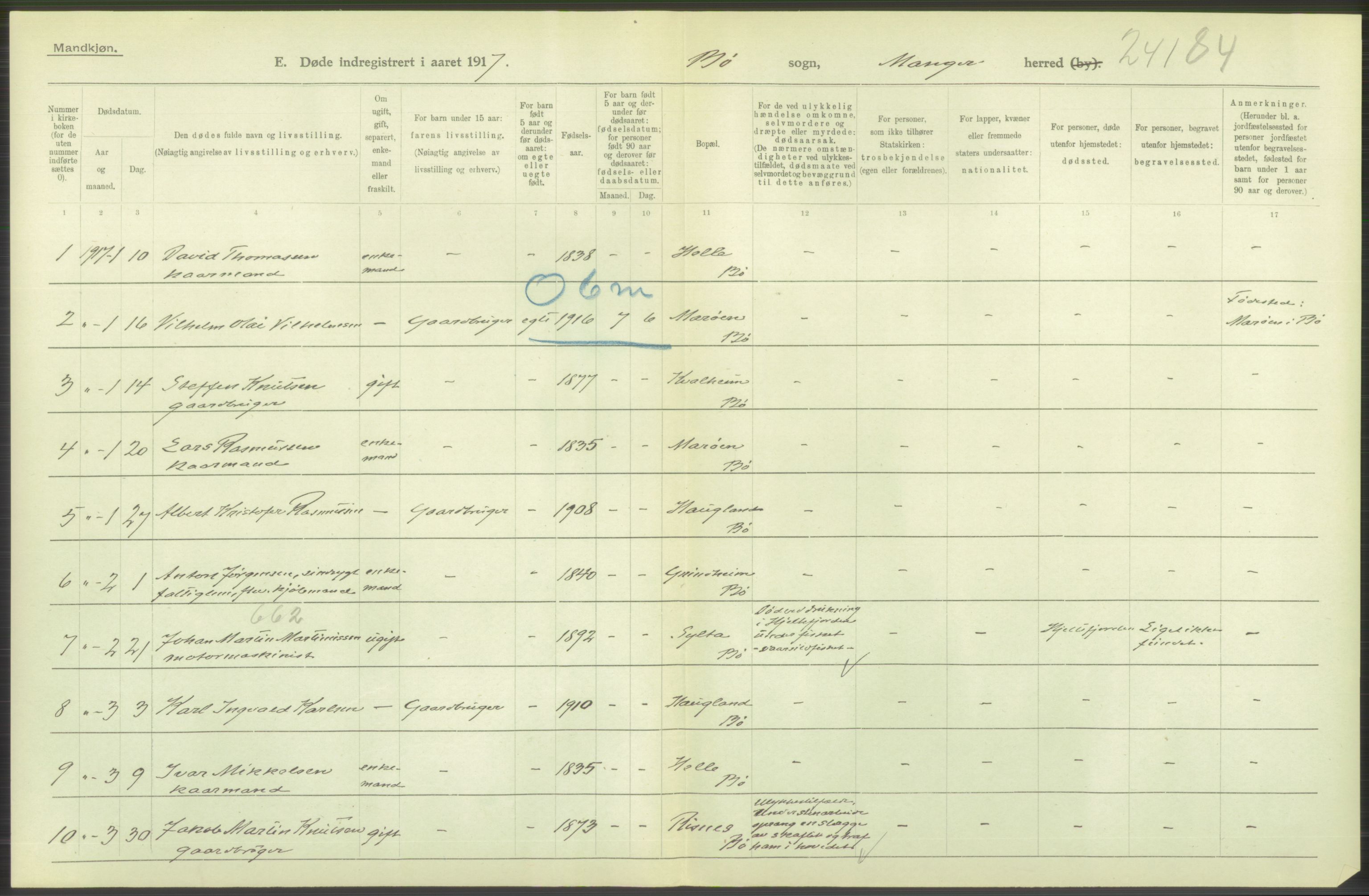 Statistisk sentralbyrå, Sosiodemografiske emner, Befolkning, AV/RA-S-2228/D/Df/Dfb/Dfbg/L0036: S. Bergenhus amt: Døde, dødfødte. Bygder., 1917, s. 592