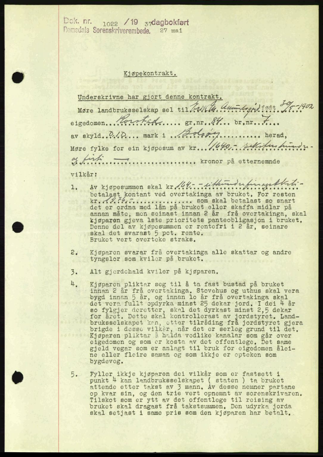 Romsdal sorenskriveri, SAT/A-4149/1/2/2C: Pantebok nr. A3, 1937-1937, Dagboknr: 1022/1937