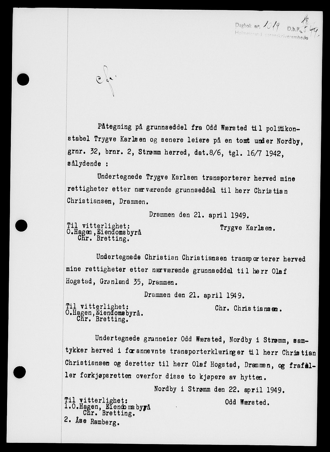 Holmestrand sorenskriveri, SAKO/A-67/G/Ga/Gaa/L0066: Pantebok nr. A-66, 1949-1949, Dagboknr: 1019/1949