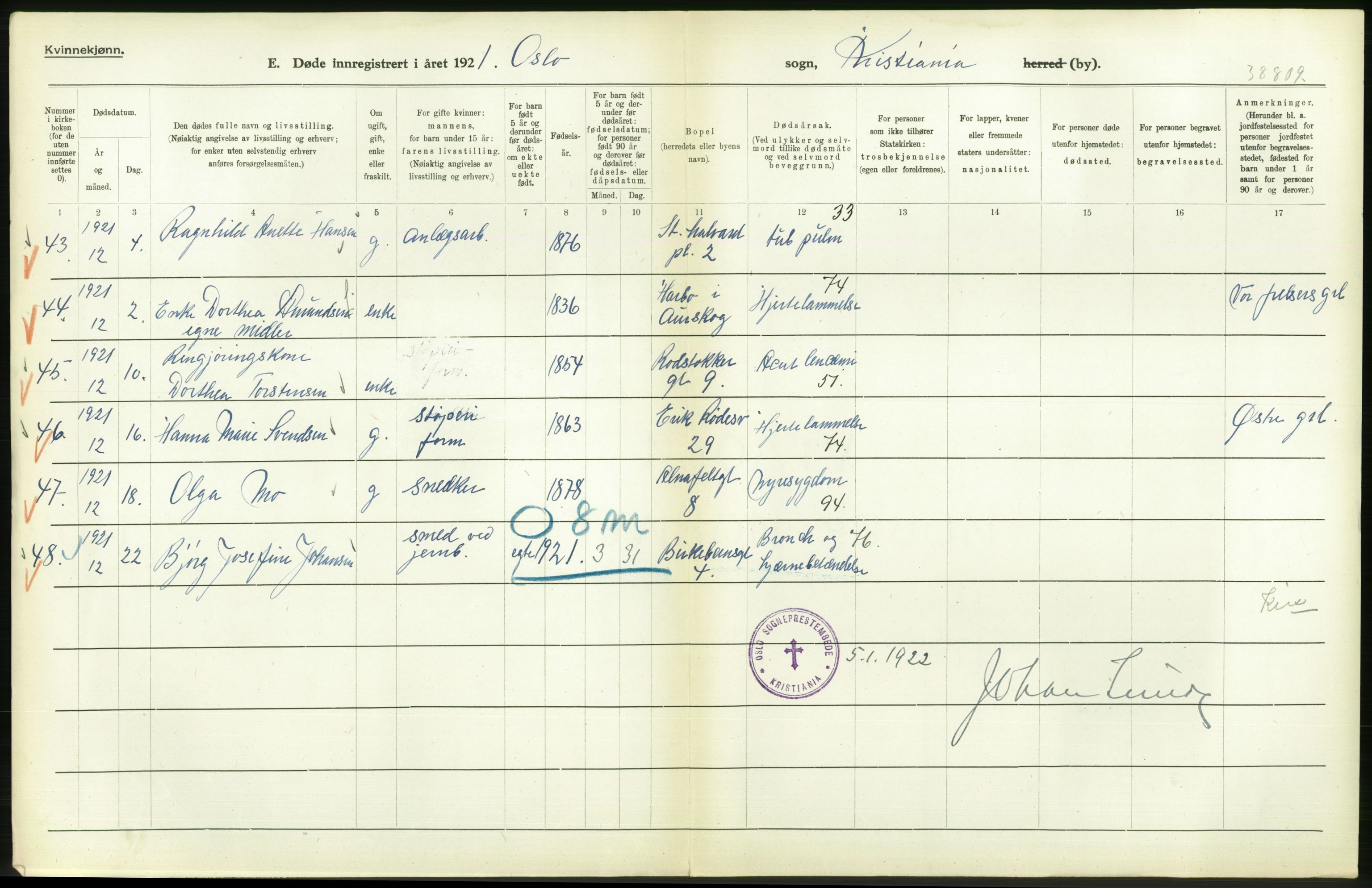 Statistisk sentralbyrå, Sosiodemografiske emner, Befolkning, RA/S-2228/D/Df/Dfc/Dfca/L0013: Kristiania: Døde, dødfødte, 1921, s. 344