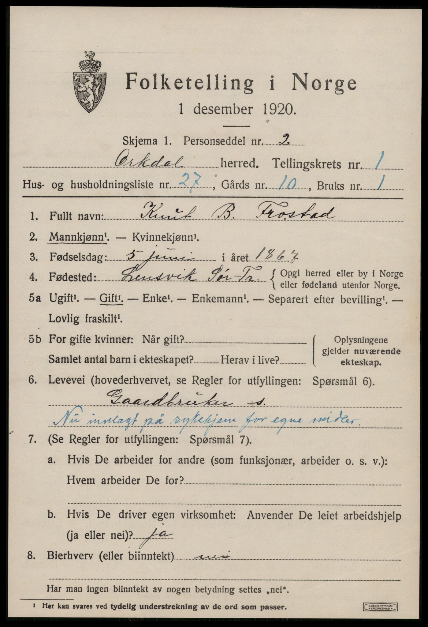 SAT, Folketelling 1920 for 1638 Orkdal herred, 1920, s. 1500