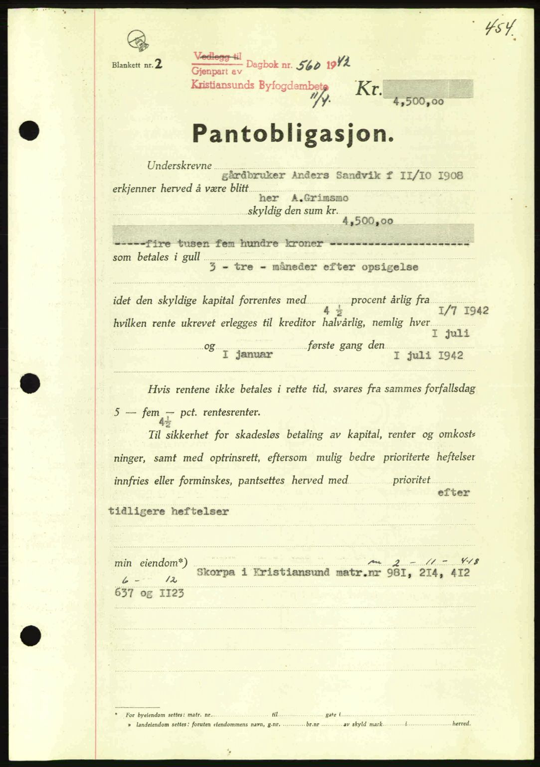 Kristiansund byfogd, AV/SAT-A-4587/A/27: Pantebok nr. 35, 1941-1942, Dagboknr: 560/1942