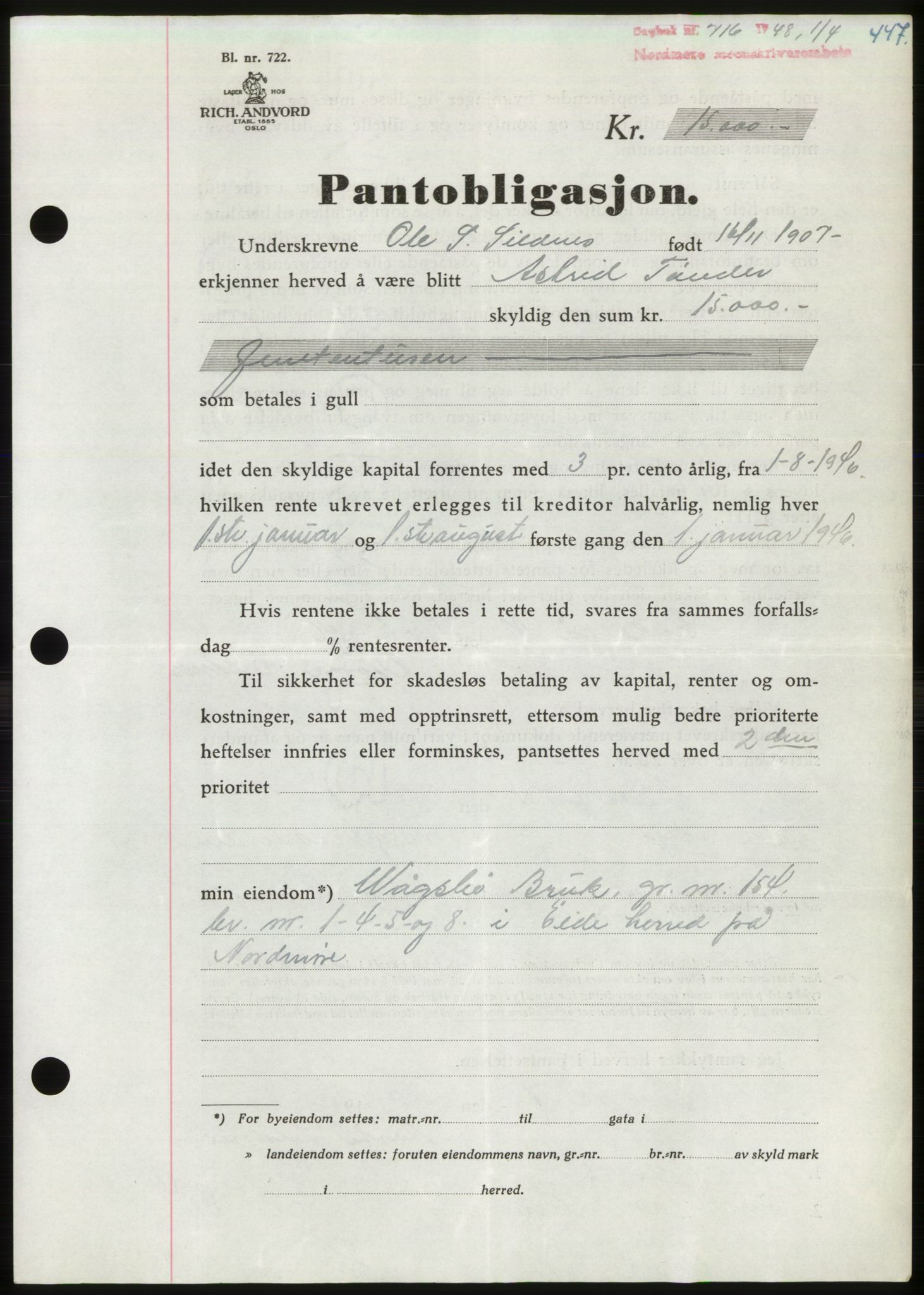Nordmøre sorenskriveri, SAT/A-4132/1/2/2Ca: Pantebok nr. B98, 1948-1948, Dagboknr: 716/1948