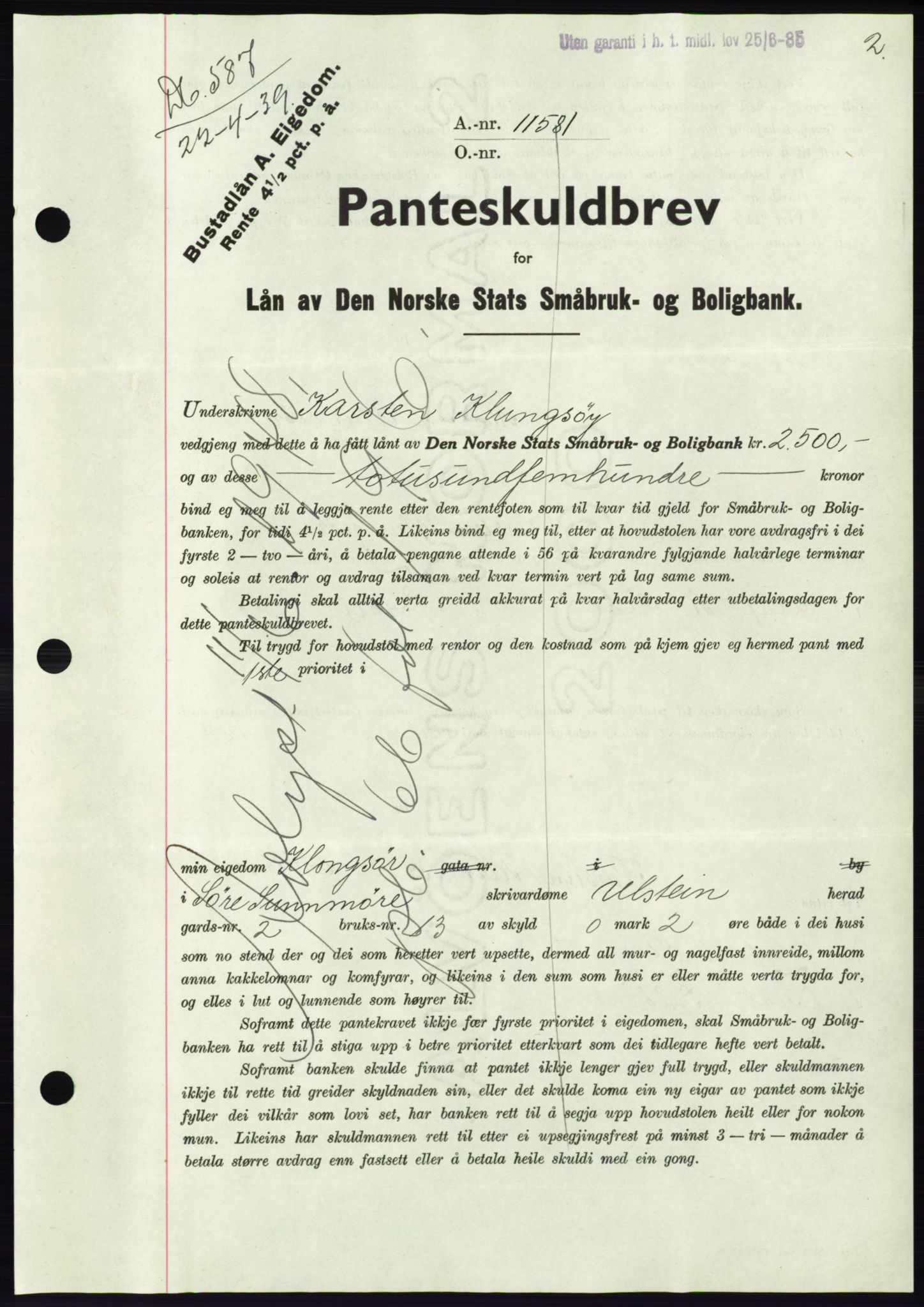 Søre Sunnmøre sorenskriveri, AV/SAT-A-4122/1/2/2C/L0068: Pantebok nr. 62, 1939-1939, Dagboknr: 587/1939