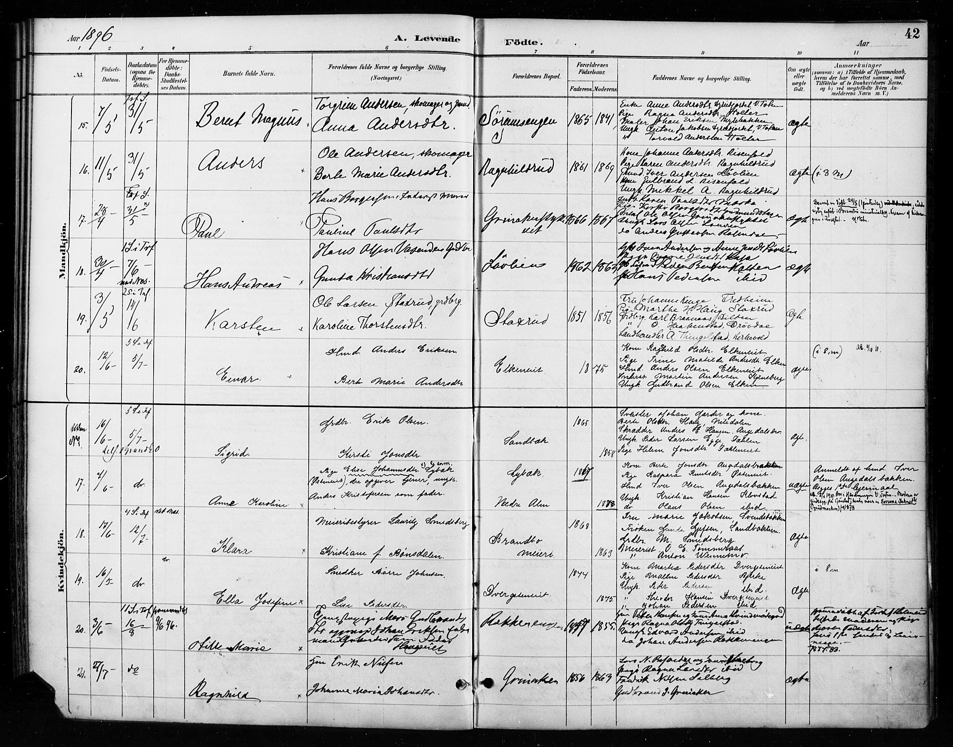 Gran prestekontor, AV/SAH-PREST-112/H/Ha/Haa/L0018: Ministerialbok nr. 18, 1889-1899, s. 42