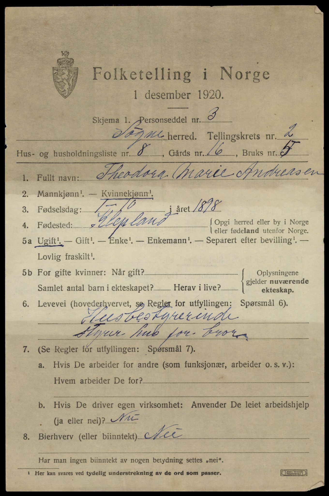 SAK, Folketelling 1920 for 1018 Søgne herred, 1920, s. 1523