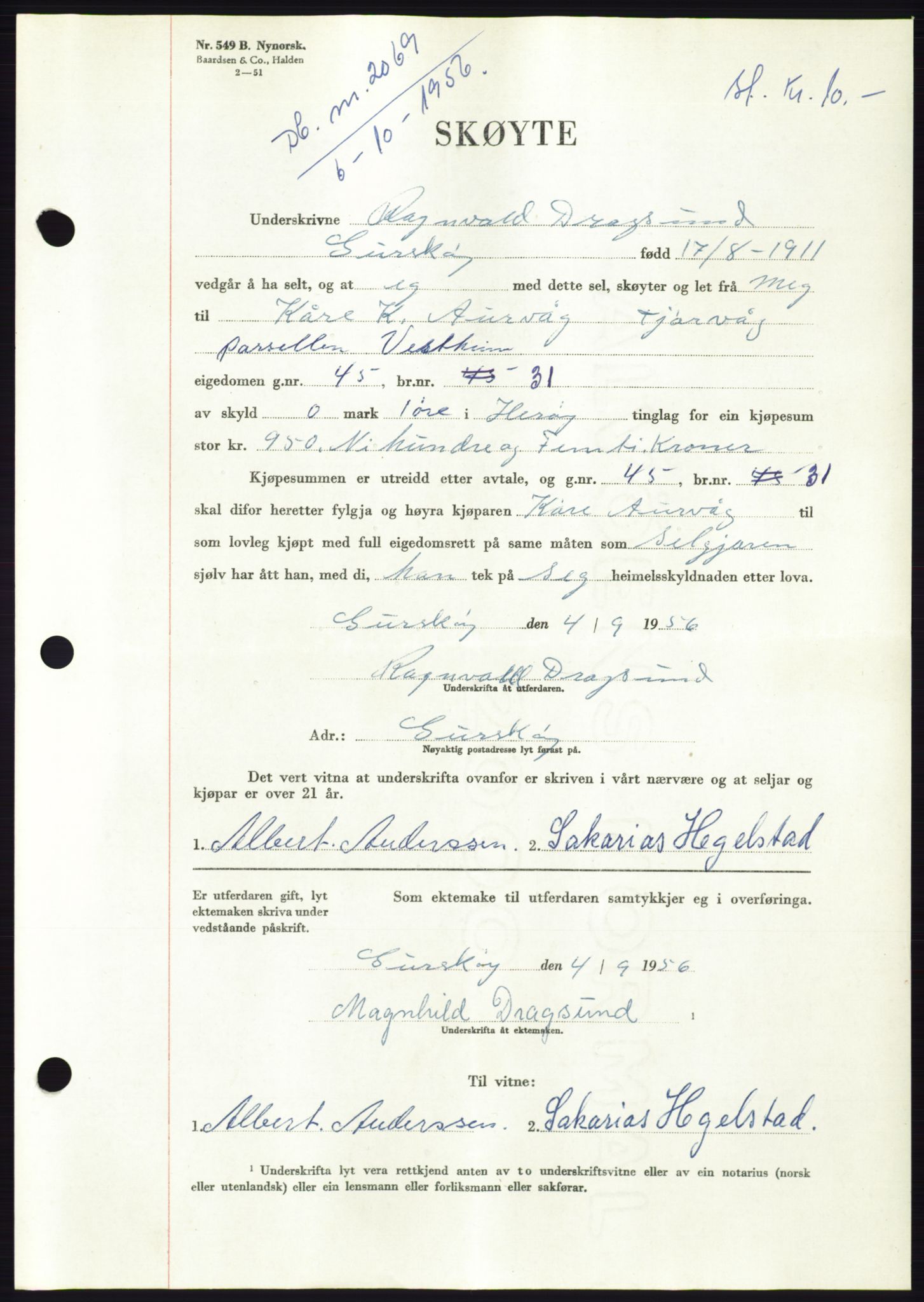 Søre Sunnmøre sorenskriveri, AV/SAT-A-4122/1/2/2C/L0104: Pantebok nr. 30A, 1956-1956, Dagboknr: 2069/1956