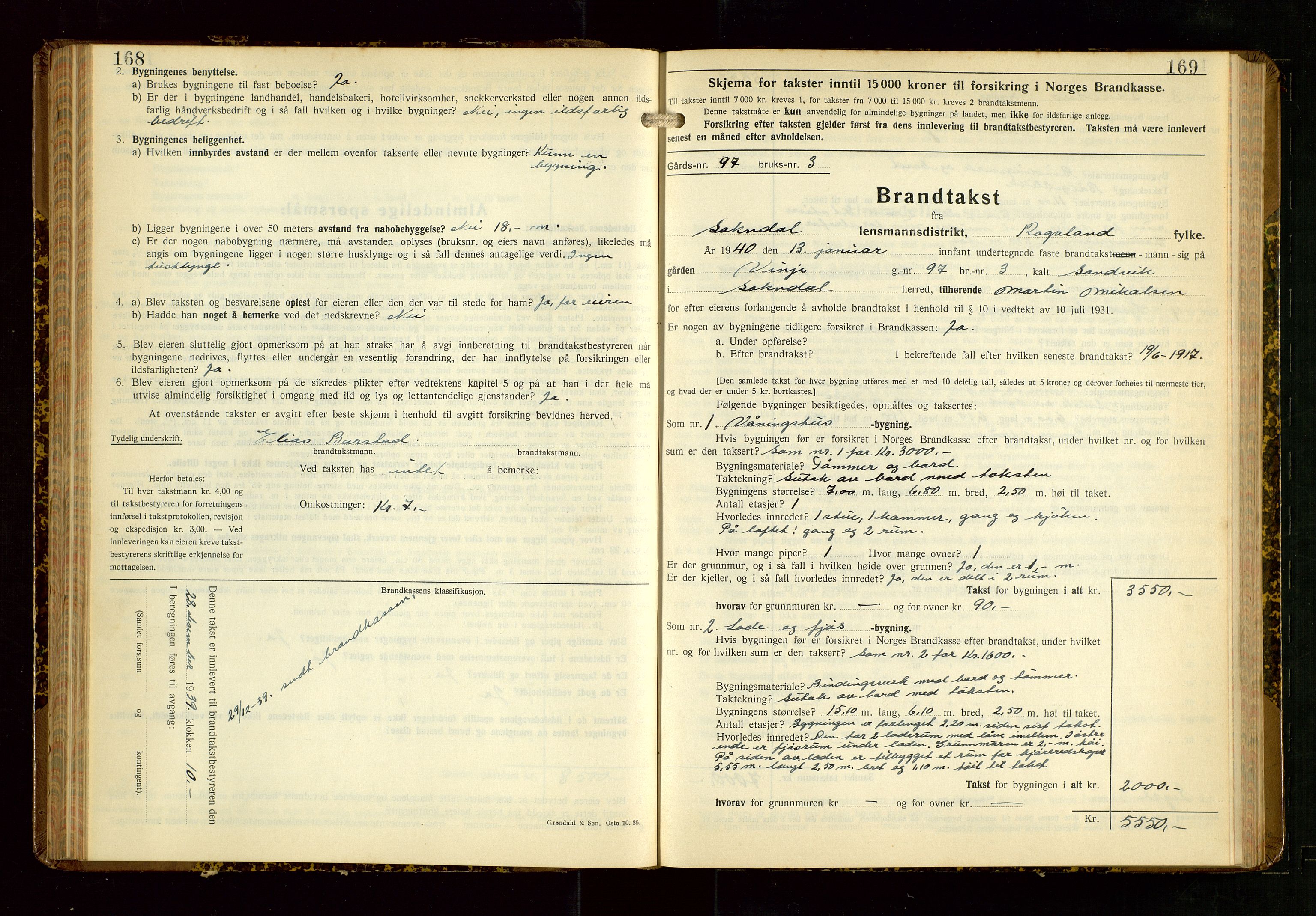 Sokndal lensmannskontor, AV/SAST-A-100417/Gob/L0008: "Brandtakst-Protokoll", 1937-1955, s. 168-169